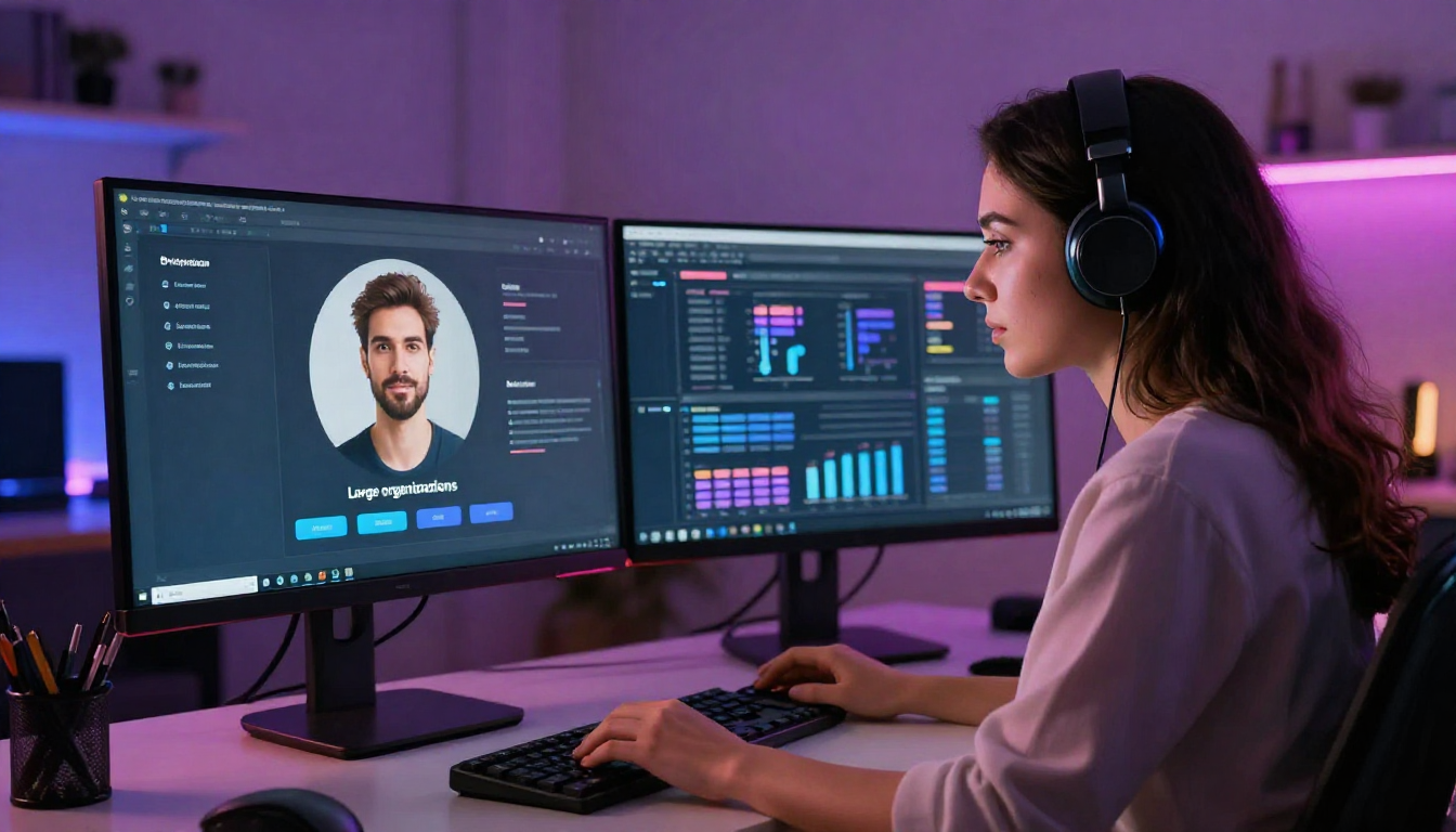 Female digital marketer analyzing reliable ai avatar platforms for large organizations. data on dual monitors, neon-lit home office, focused expression - reliable ai avatar platforms for large organizations.