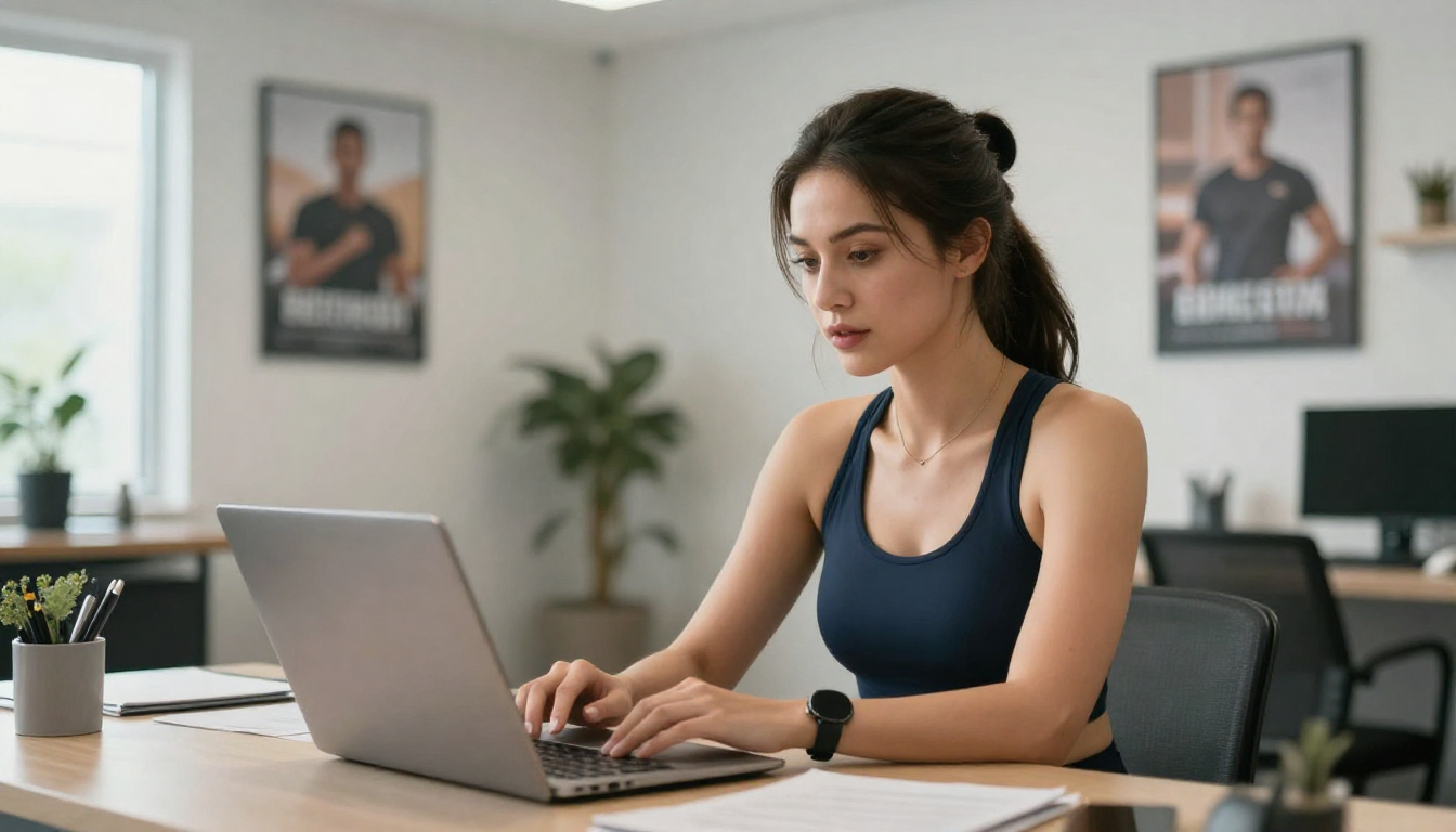 Woman fitness influencer integrating ai ai captain into workflow, bright gym office, motivational posters - ai ai captain