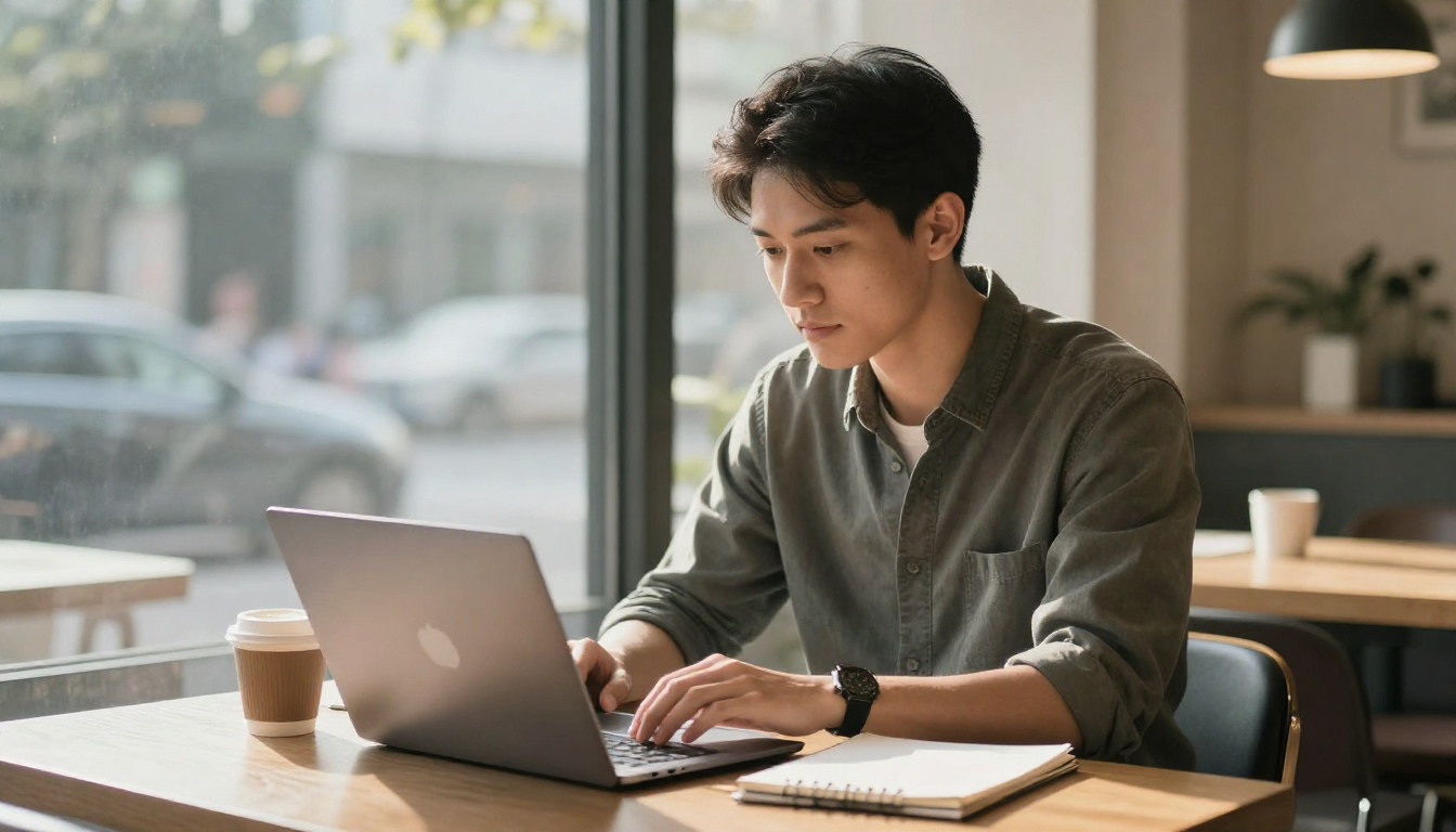 Solo entrepreneur scaling with ai ai captain, coffee shop window seat, laptop and notebook, morning light - ai ai captain