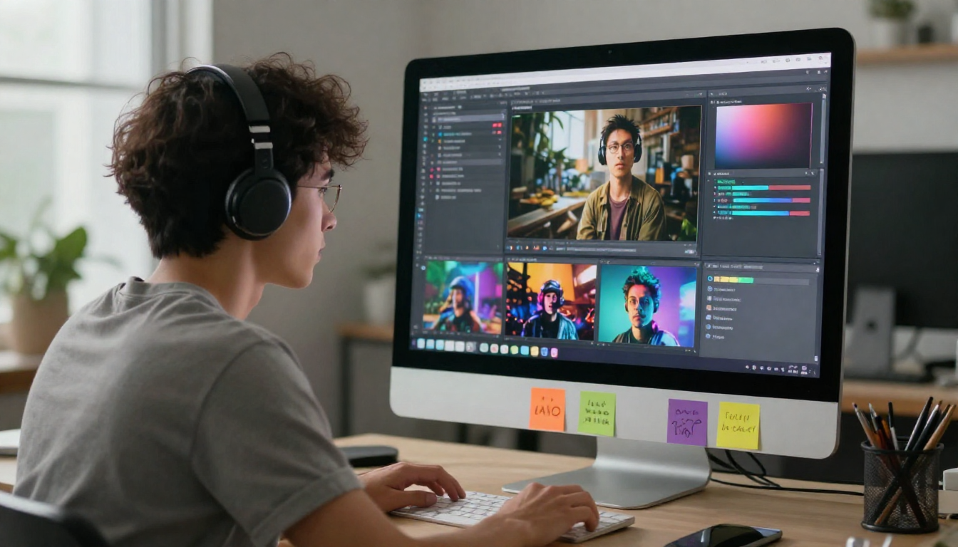 Young designer prototyping ai ai captain visual content, iMac setup, colorful stickers on desk - ai ai captain
