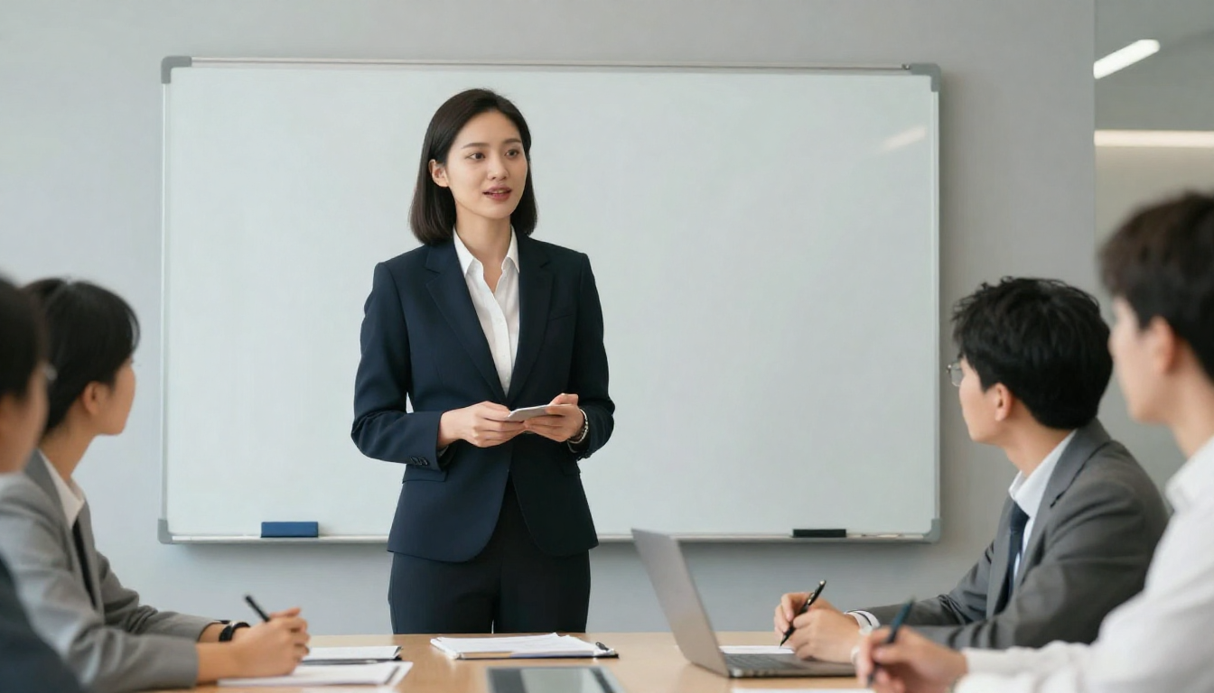 Professional woman presenting ai ai captain results in team meeting, modern conference room, whiteboard behind - ai ai captain