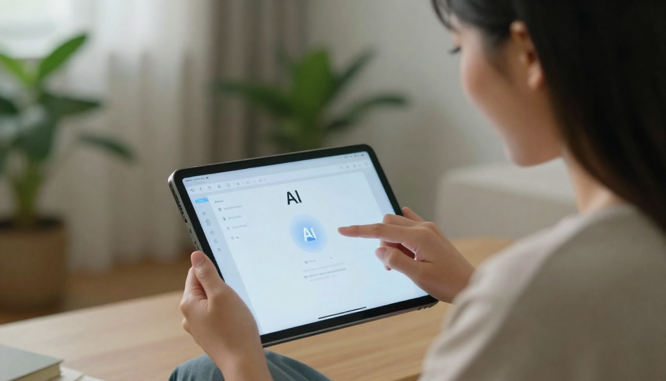 Young Asian woman testing ai ai captain platform on tablet, cozy home setting, plants in background - ai ai captain