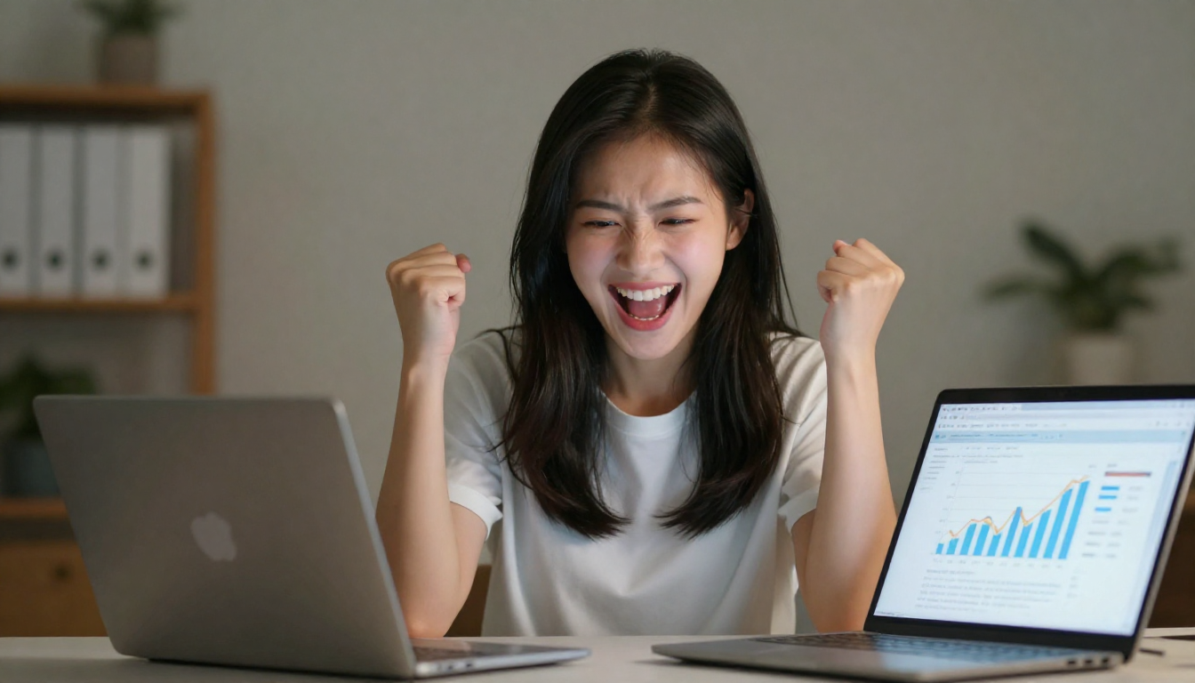 Young woman celebrating ai ai captain campaign success, laptop open with graphs, fist pump expression - ai ai captain