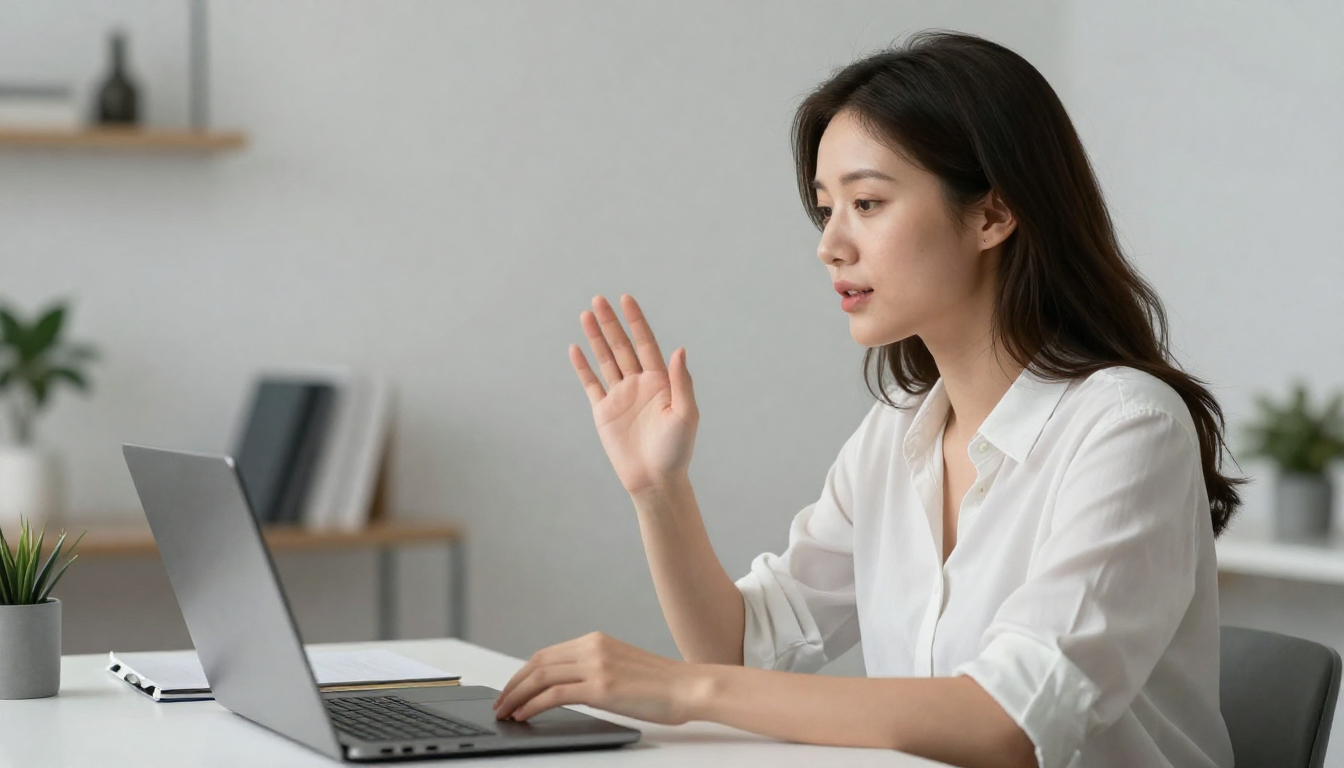 Woman in her 30s discussing ai ai captain on video call in minimalist Scandinavian office, soft lighting - ai ai captain