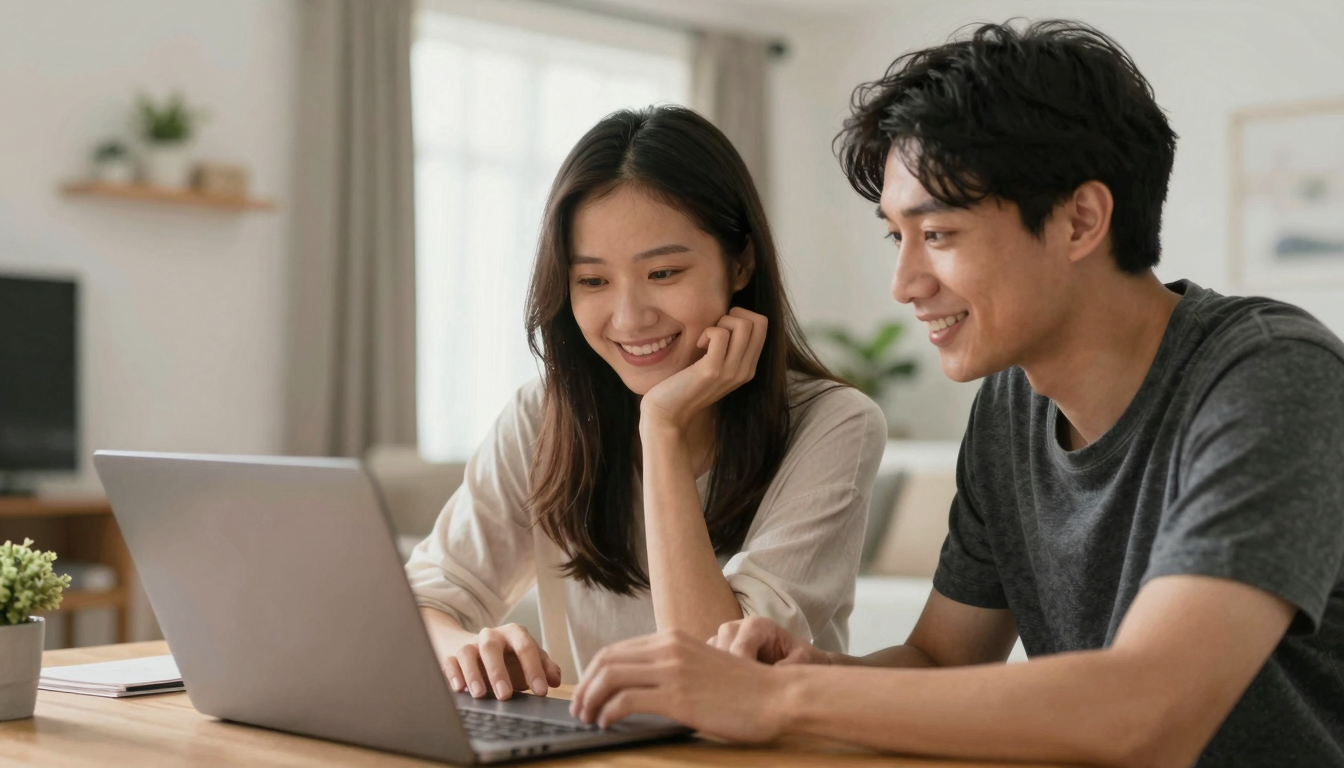Young couple collaborating on best ugc video creation service for real estate marketing content, bright airy apartment, authentic candid moment - best ugc video creation service for real estate marketing
