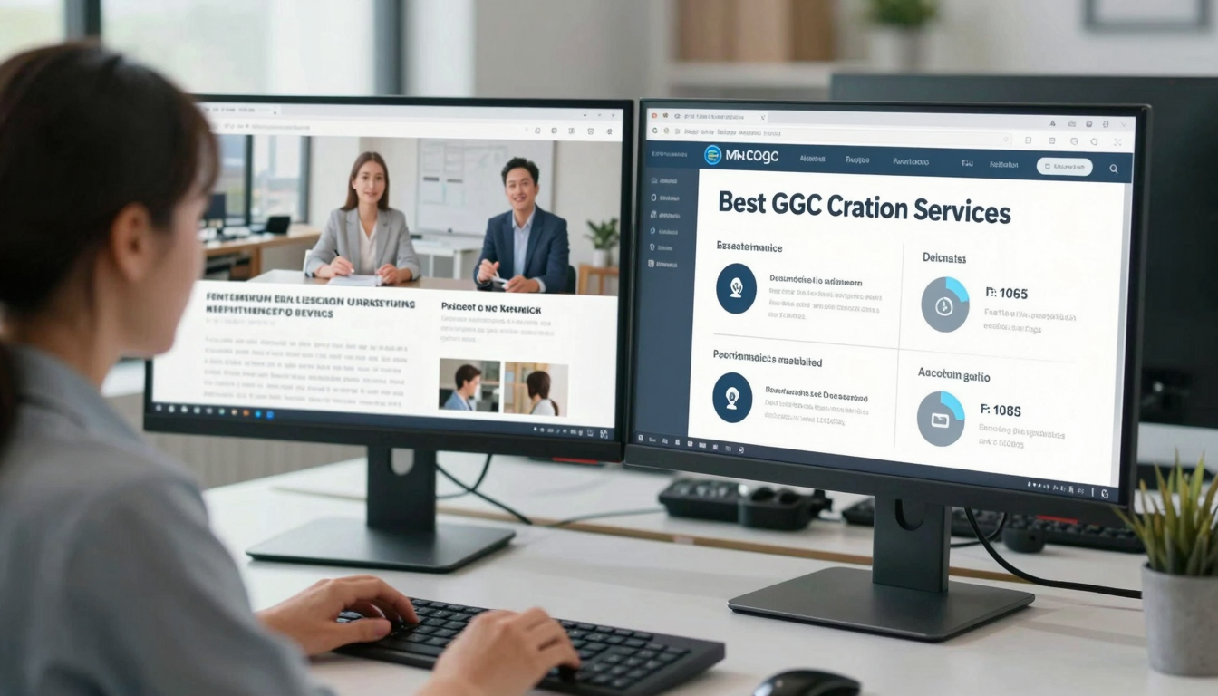 Female data analyst reviewing best ugc video creation service for real estate marketing performance metrics, dual monitors, clean modern workspace - best ugc video creation service for real estate marketing