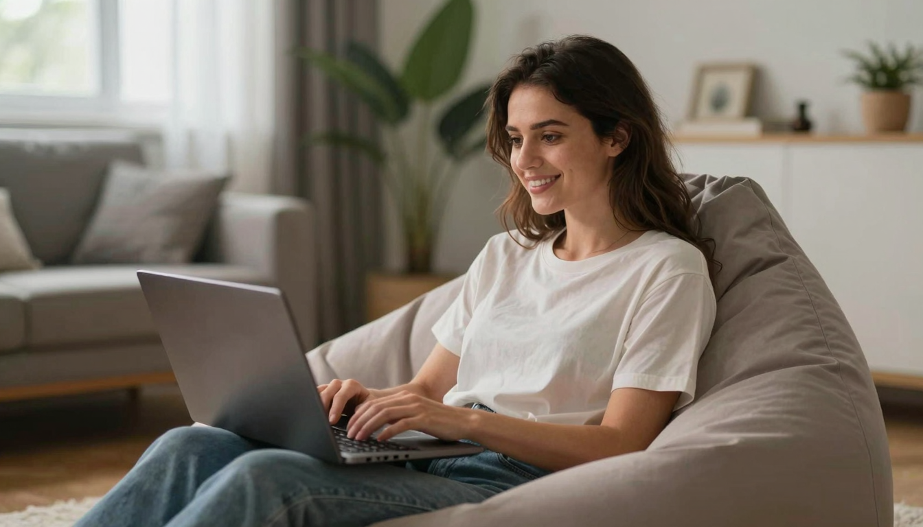 Female social media manager scheduling best ugc video creation service for real estate marketing campaigns, laptop in beanbag chair, casual creative vibe - best ugc video creation service for real estate marketing