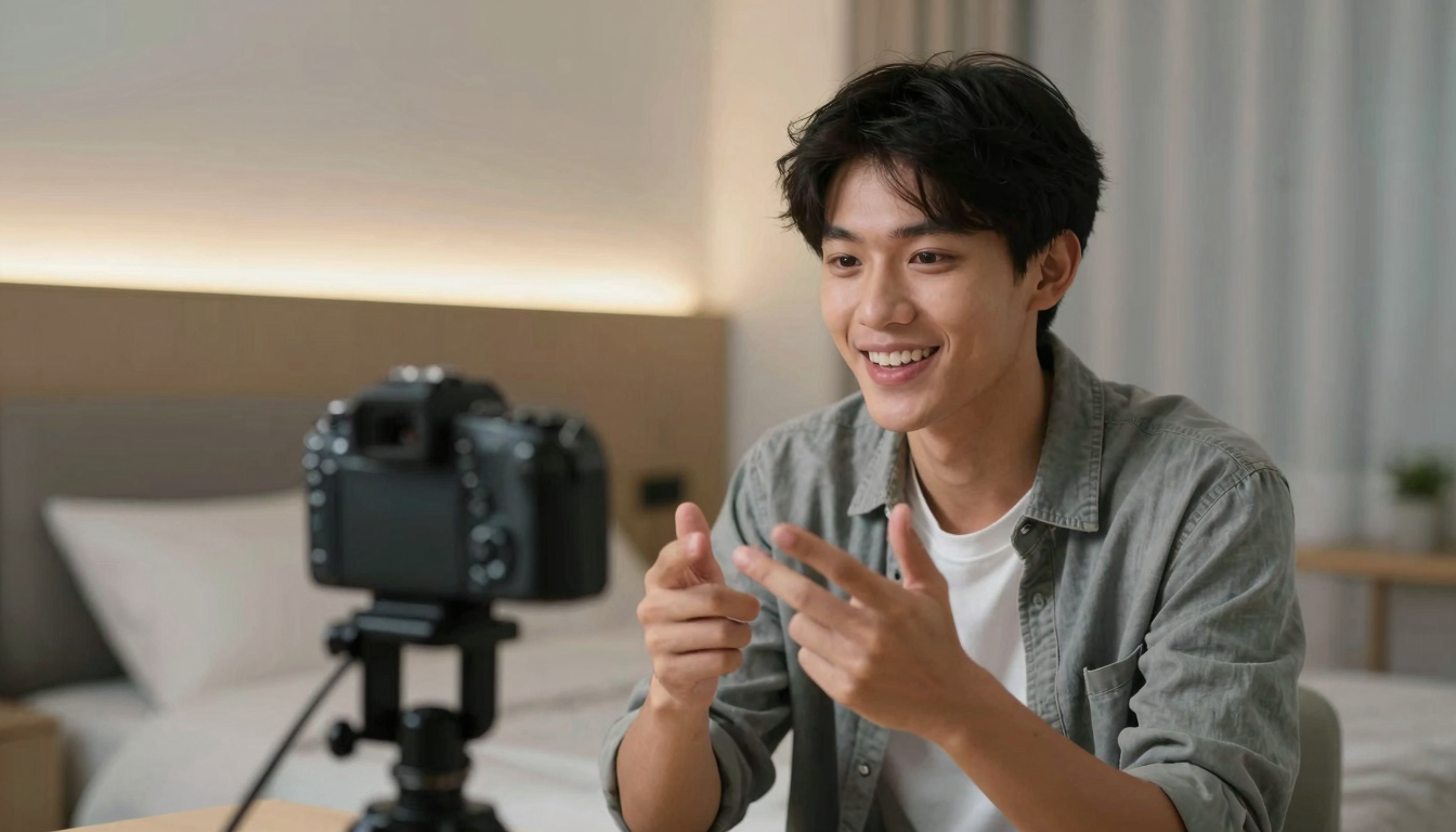 Young creator filming best ugc video creation service for real estate marketing testimonial, bedroom setup with LED strips, genuine enthusiastic smile - best ugc video creation service for real estate marketing