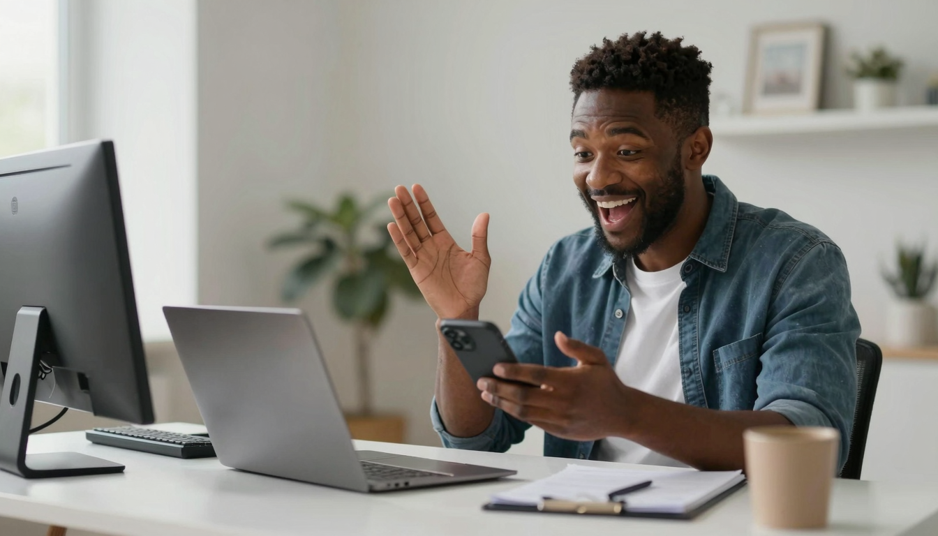 Black male tech enthusiast unboxing best ugc video creation service for real estate marketing tool, clean desk setup, excited genuine reaction - best ugc video creation service for real estate marketing