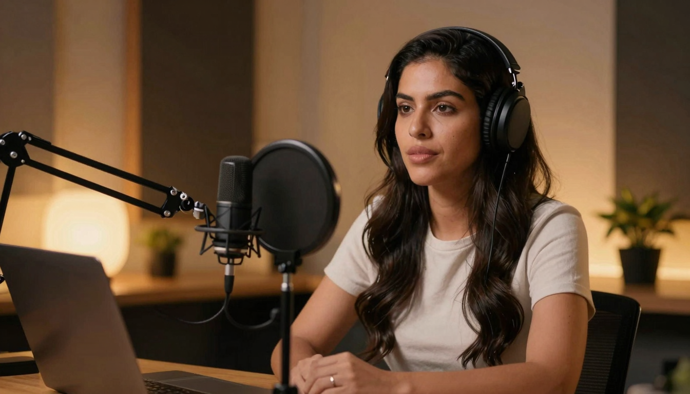 Hispanic woman recording best ugc video creation service for real estate marketing tutorial, professional podcast studio, warm amber lighting - best ugc video creation service for real estate marketing