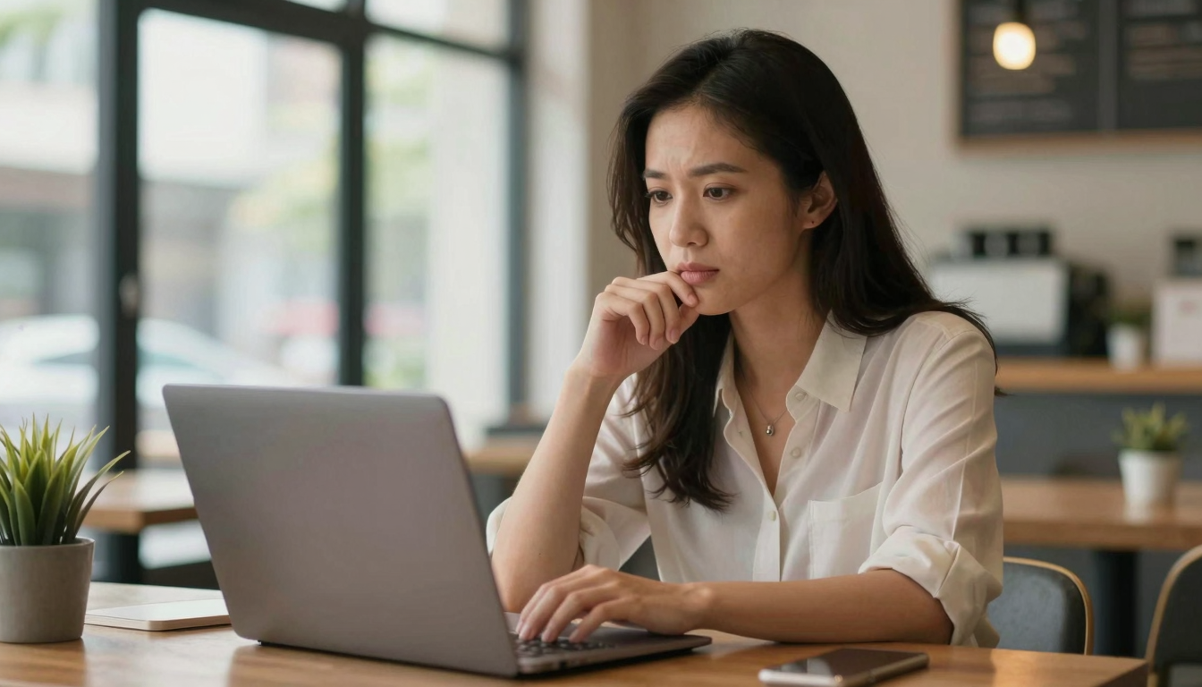 Female startup founder working on best ugc video creation service for real estate marketing project in trendy cafe, natural daylight, determined expression - best ugc video creation service for real estate marketing
