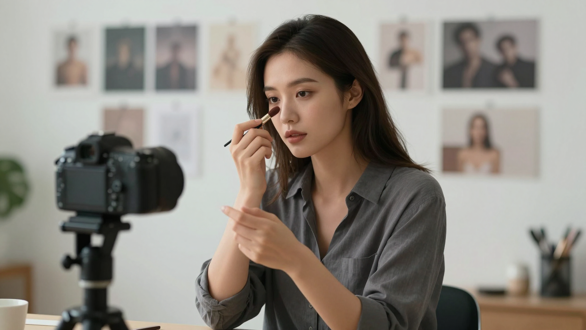 Female photographer using make influencer ai for client work, creative studio with mood boards on wall - make influencer ai