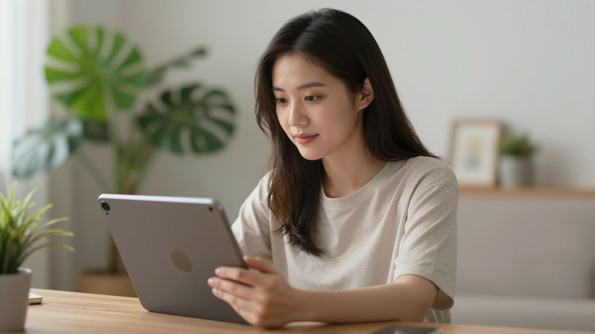Young Asian woman testing make influencer ai platform on tablet, cozy home setting, plants in background - make influencer ai