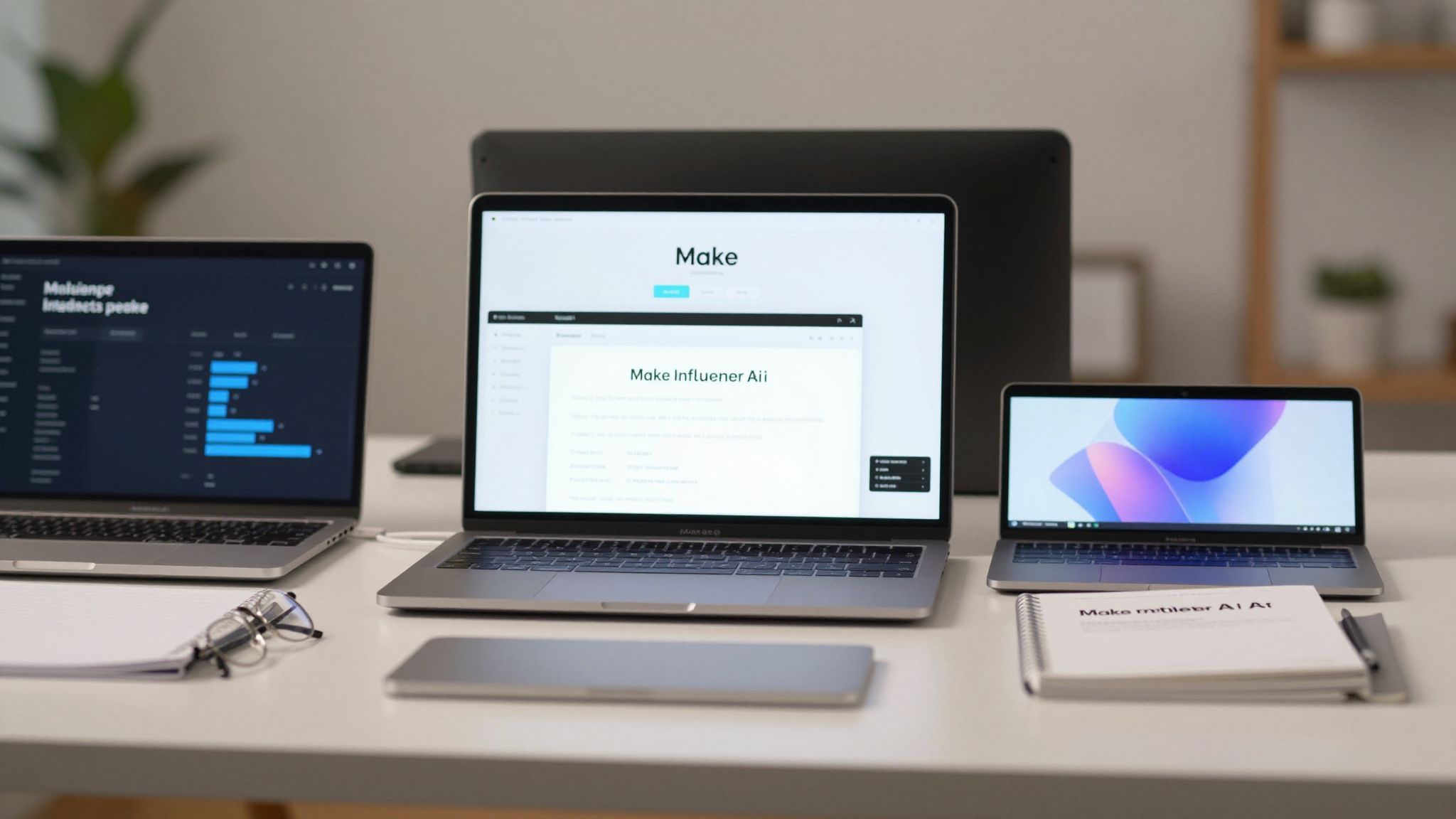 Tech reviewer comparing make influencer ai features side by side, multiple devices on desk, detailed analysis - make influencer ai