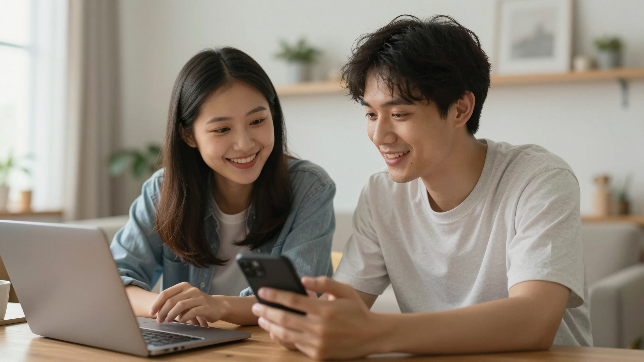 Young couple collaborating on make influencer ai content, bright airy apartment, authentic candid moment - make influencer ai
