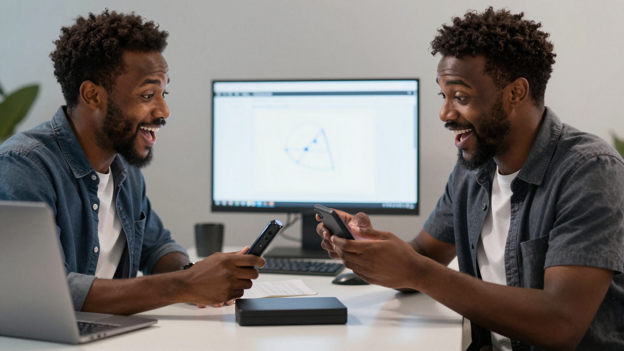 Black male tech enthusiast unboxing make influencer ai tool, clean desk setup, excited genuine reaction - make influencer ai