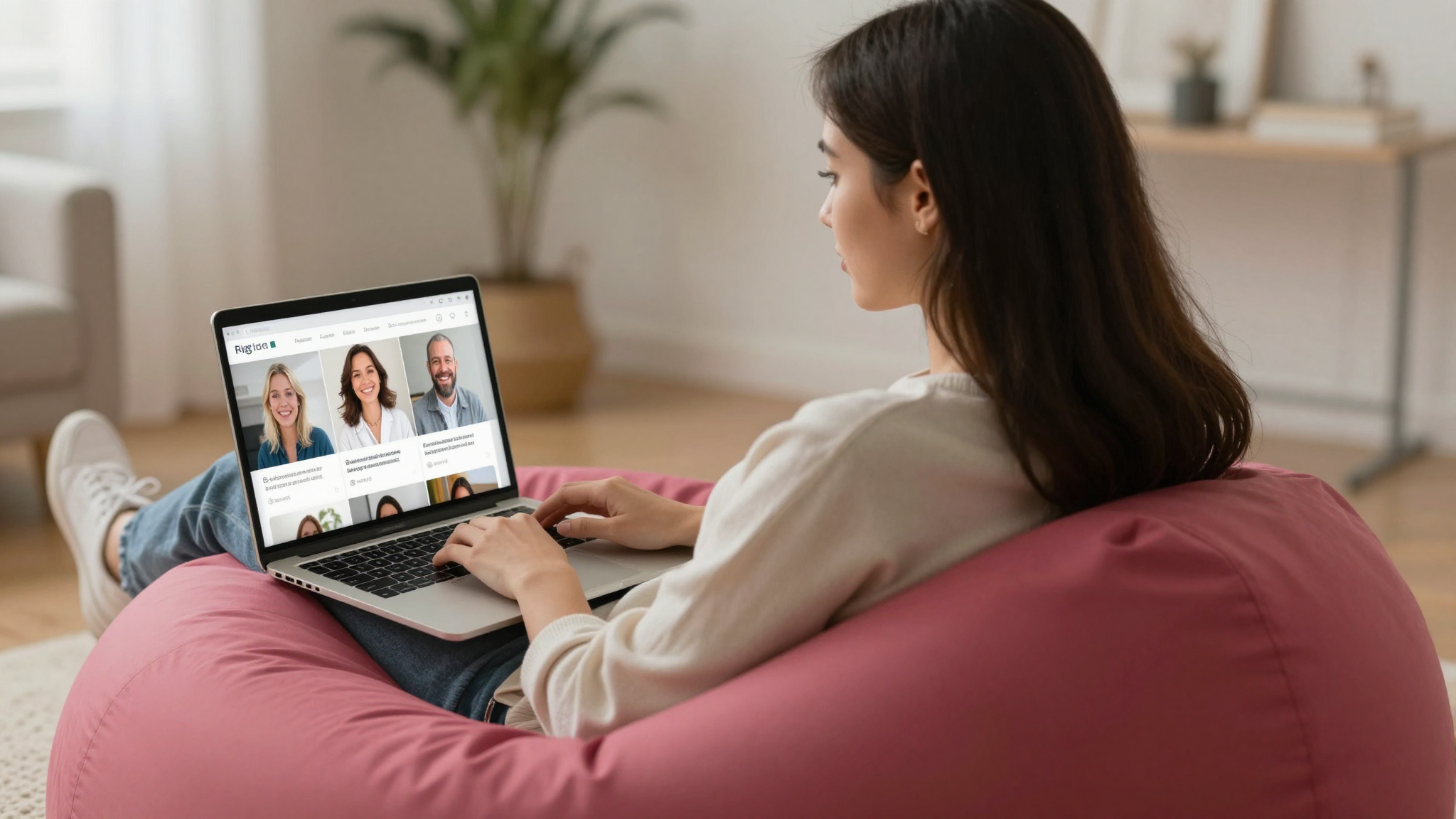 Female social media manager scheduling make influencer ai campaigns, laptop in beanbag chair, casual creative vibe - make influencer ai