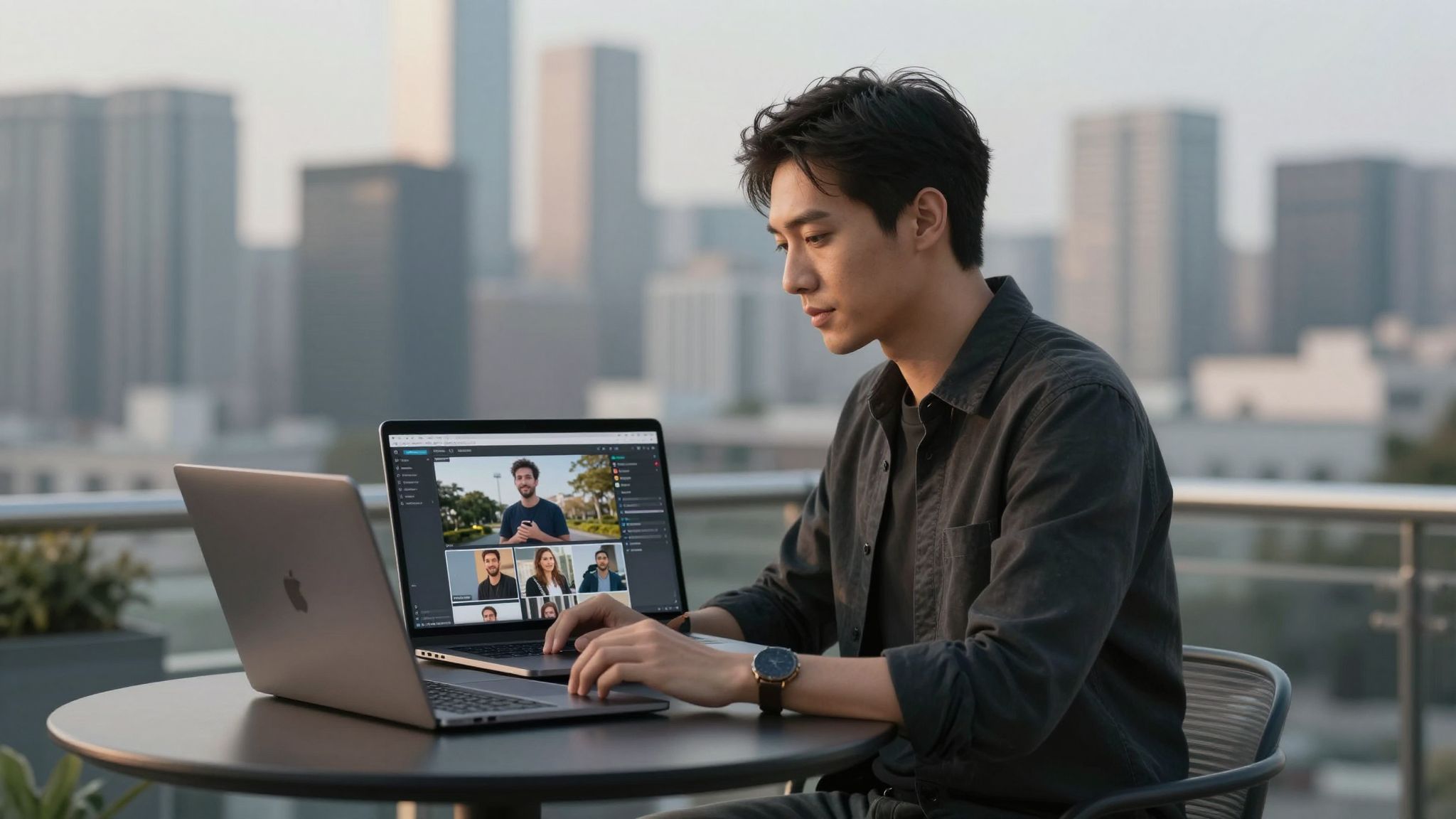 Male content strategist editing make influencer ai video on MacBook, rooftop terrace with city skyline backdrop - make influencer ai