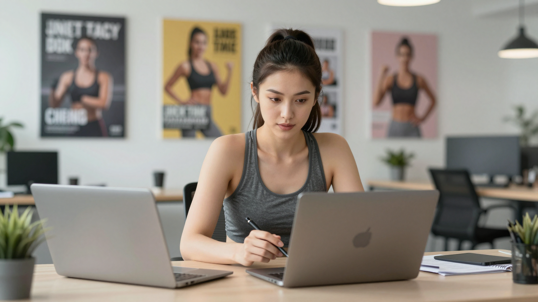 Woman fitness influencer integrating make influencer ai into workflow, bright gym office, motivational posters - make influencer ai