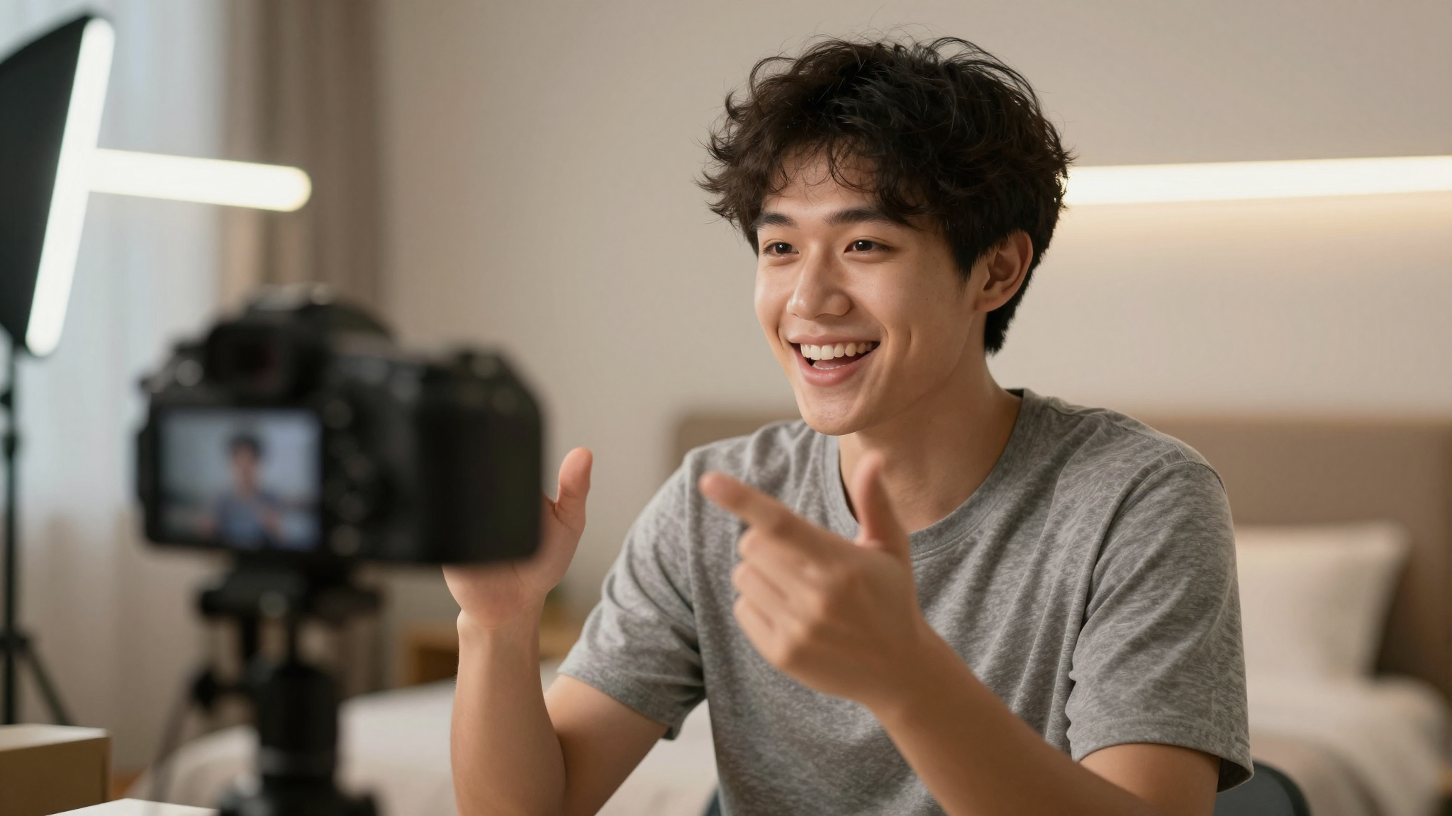 Young creator filming make influencer ai testimonial, bedroom setup with LED strips, genuine enthusiastic smile - make influencer ai