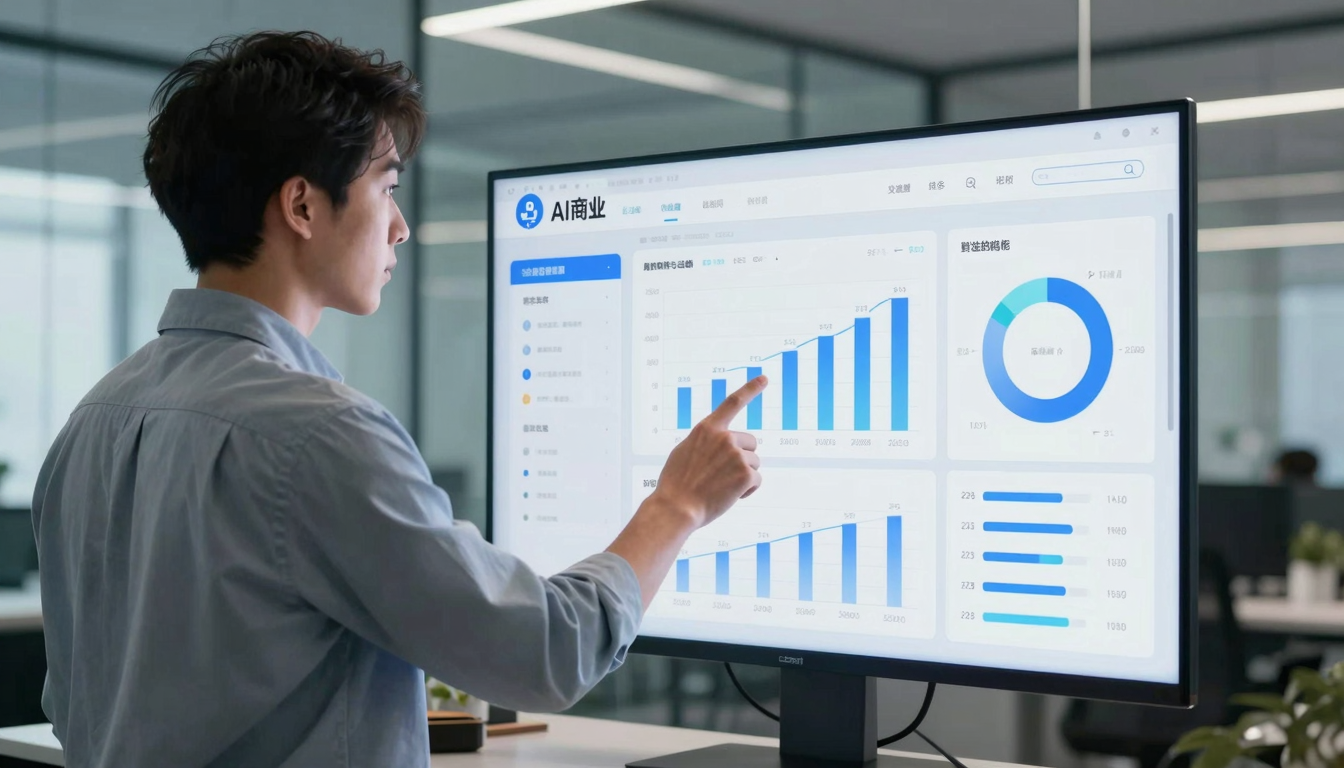 Marketing professional pointing at ai commercial analytics dashboard on large screen, modern glass office - ai commercial
