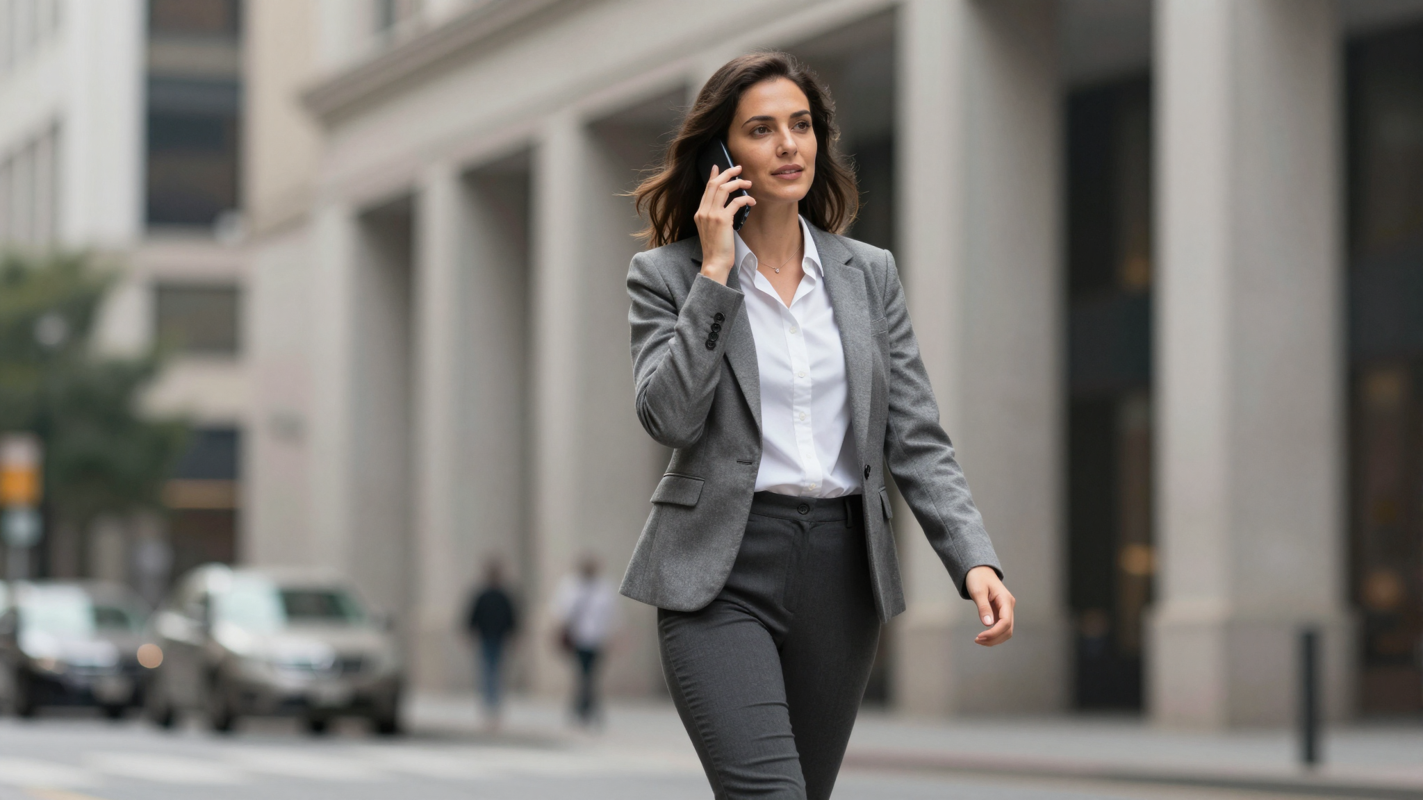 Business woman on phone discussing ai commercial strategy, walking in urban downtown, confident stride - ai commercial