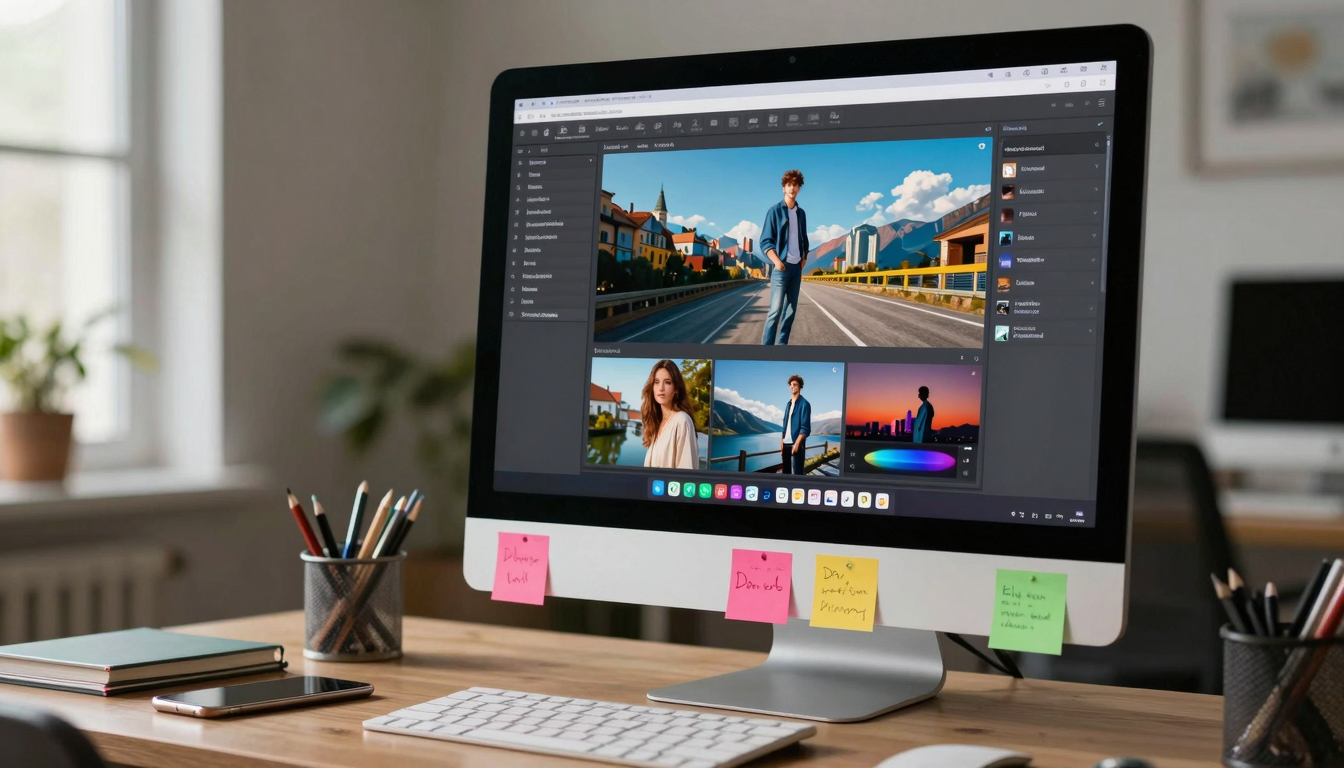 Young designer prototyping ai commercial visual content, iMac setup, colorful stickers on desk - ai commercial