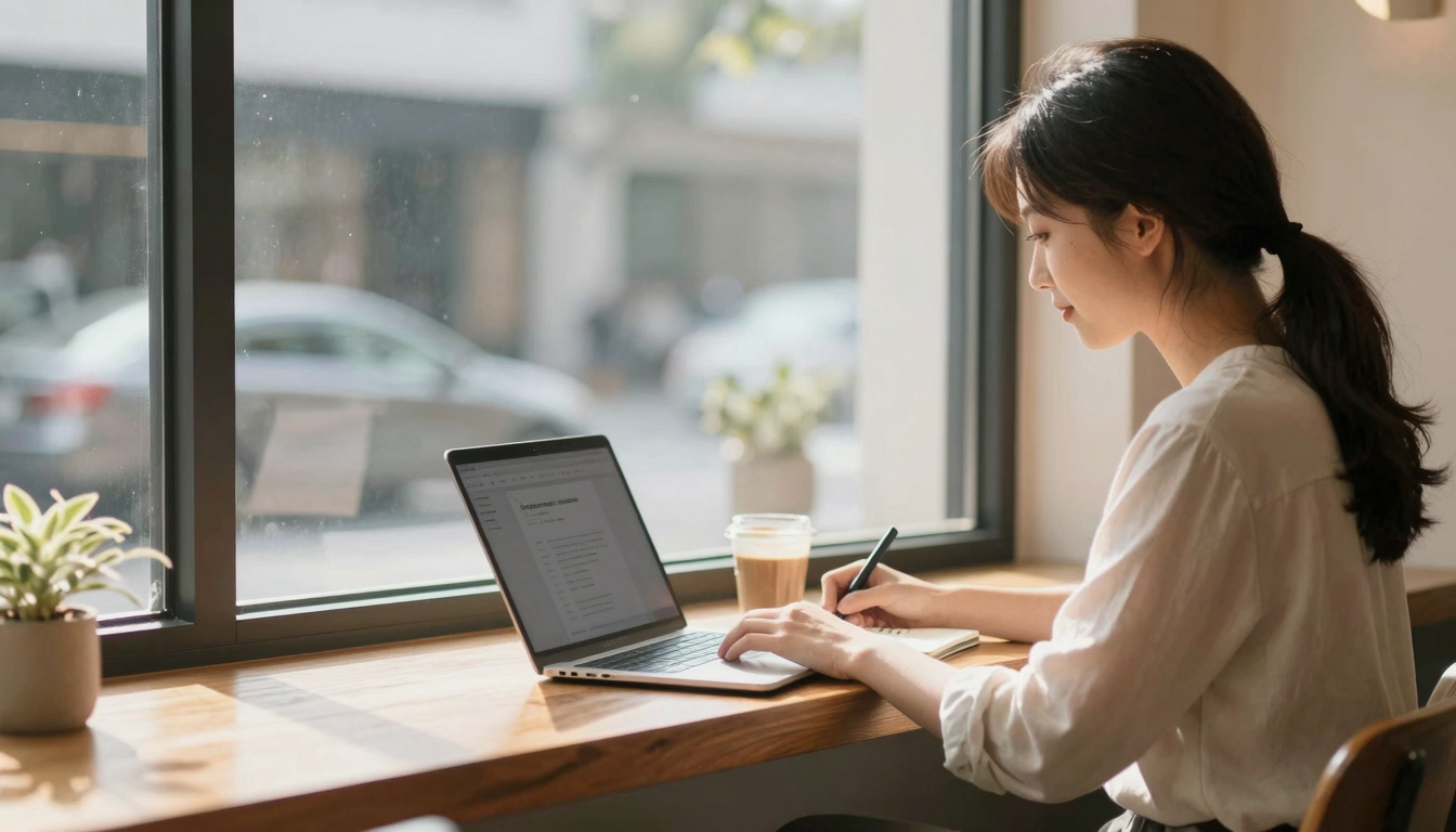 Solo entrepreneur scaling with ai commercial, coffee shop window seat, laptop and notebook, morning light - ai commercial