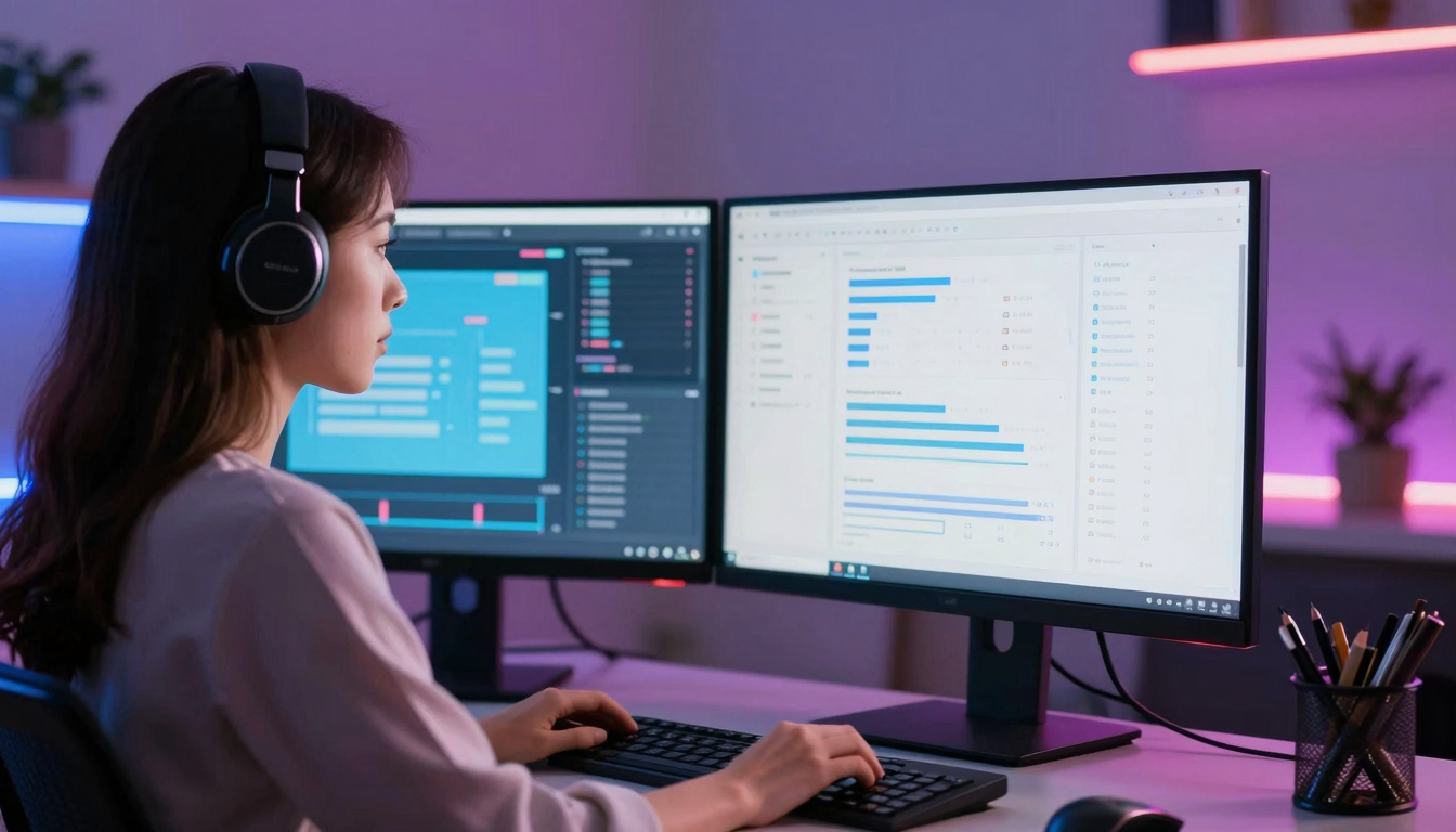 Female digital marketer analyzing ai commercial data on dual monitors, neon-lit home office, focused expression - ai commercial