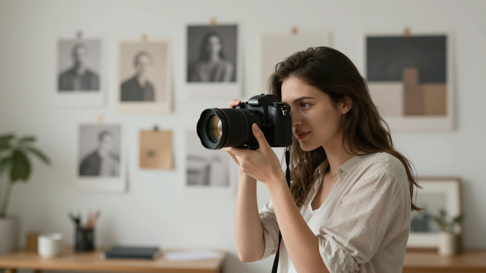 Female photographer using ai commercial for client work, creative studio with mood boards on wall - ai commercial