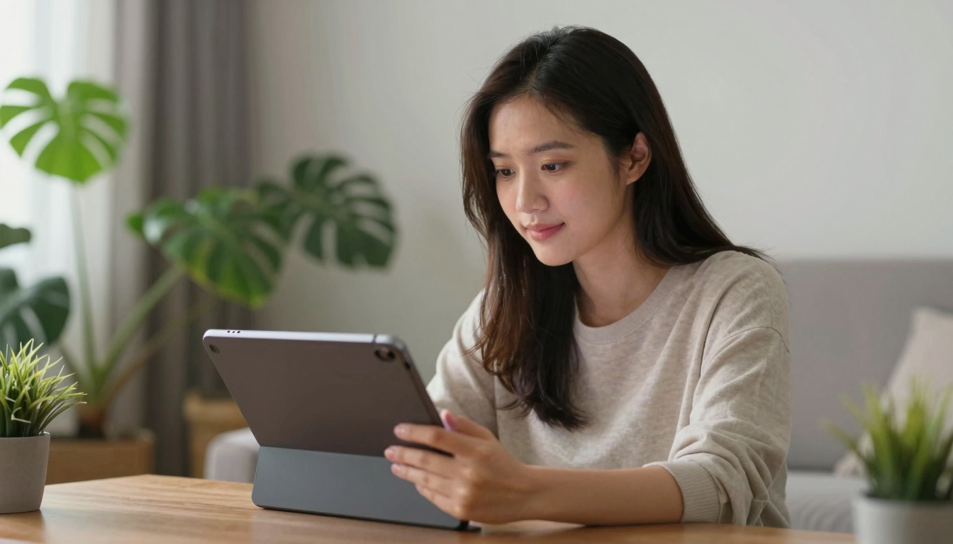 Young Asian woman testing ai commercial platform on tablet, cozy home setting, plants in background - ai commercial