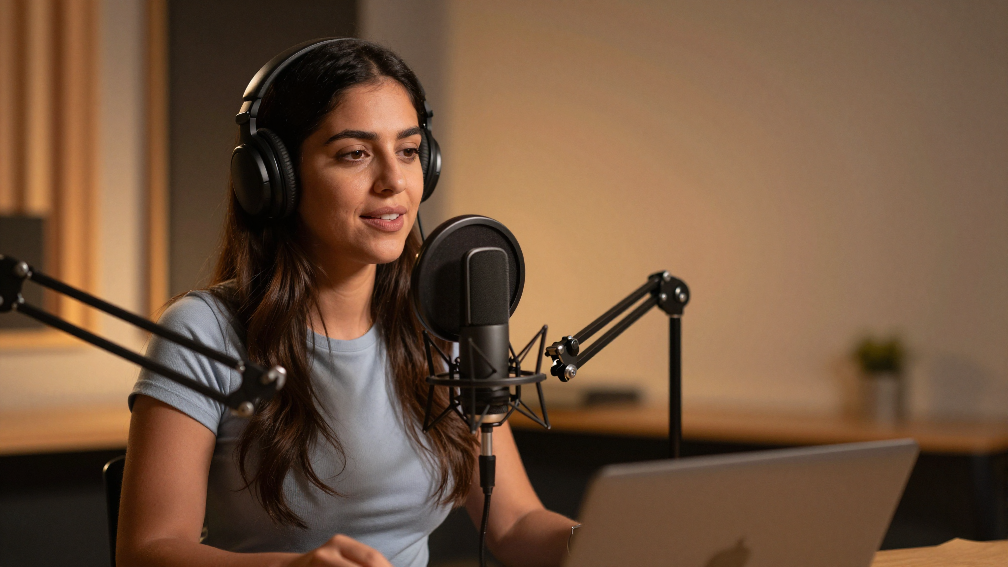 Hispanic woman recording ai commercial tutorial, professional podcast studio, warm amber lighting - ai commercial