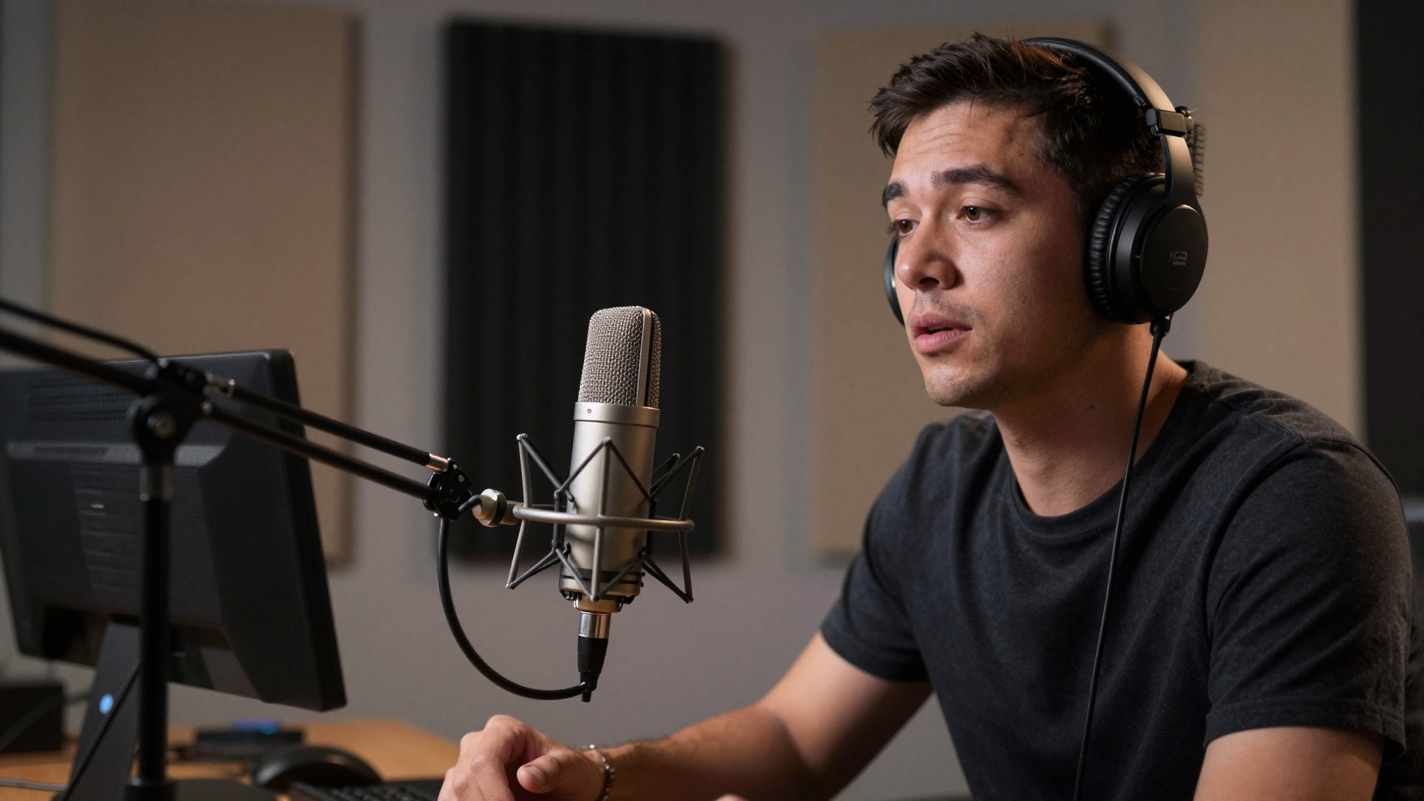 Male vlogger discussing ai commercial trends, home studio with acoustic panels, professional microphone - ai commercial