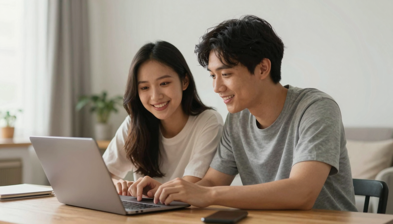 Young couple collaborating on best ugc video software for google ads content, bright airy apartment, authentic candid moment - best ugc video software for google ads
