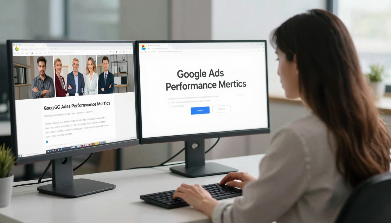 Female data analyst reviewing best ugc video software for google ads performance metrics, dual monitors, clean modern workspace - best ugc video software for google ads