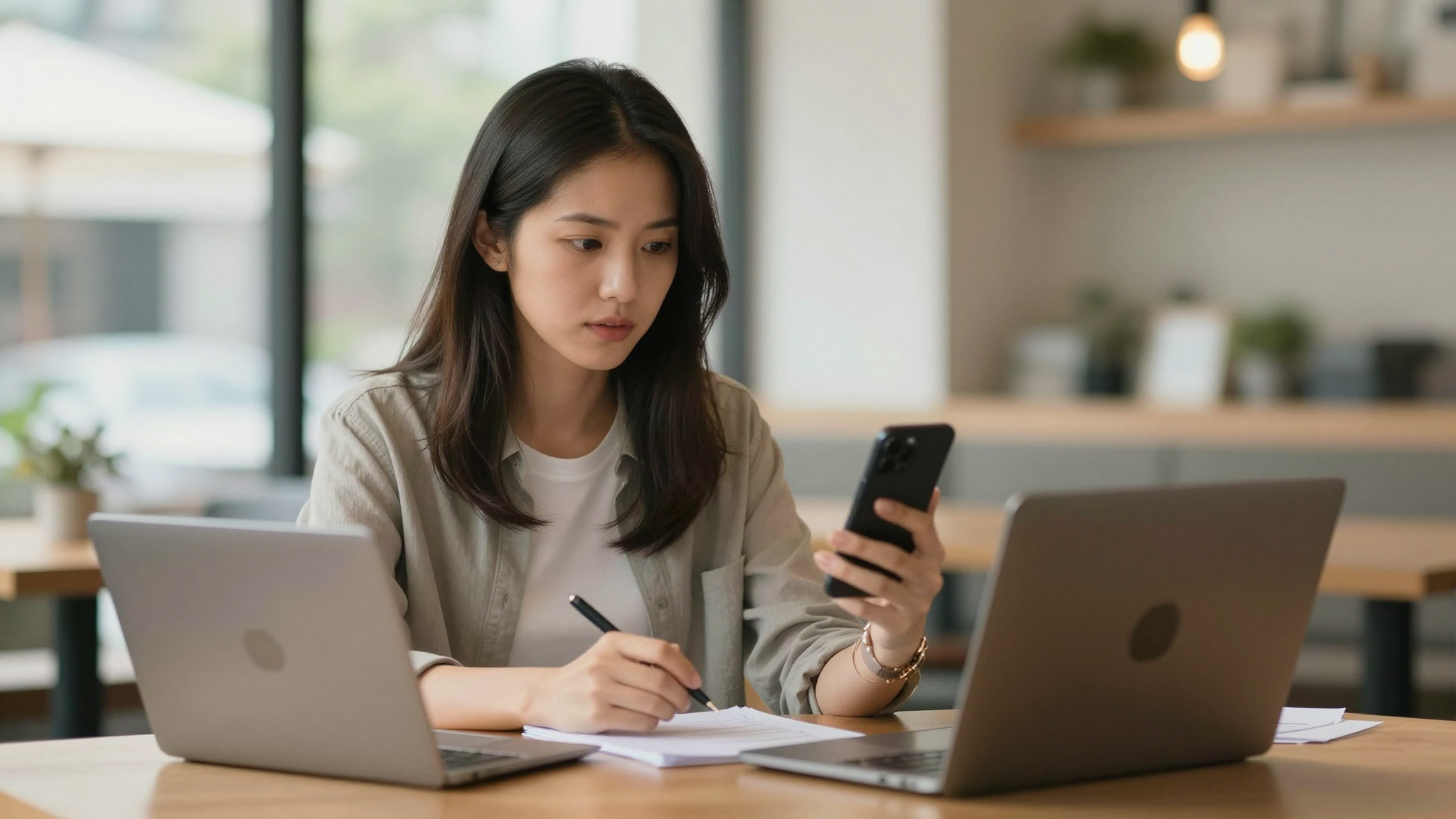 Female startup founder working on best ugc video software for google ads project in trendy cafe, natural daylight, determined expression - best ugc video software for google ads