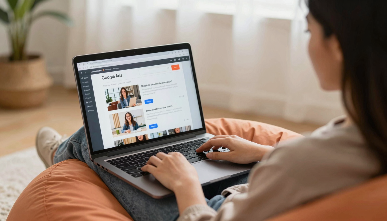 Female social media manager scheduling best ugc video software for google ads campaigns, laptop in beanbag chair, casual creative vibe - best ugc video software for google ads