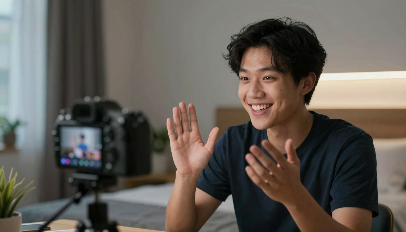 Young creator filming best ugc video software for google ads testimonial, bedroom setup with LED strips, genuine enthusiastic smile - best ugc video software for google ads