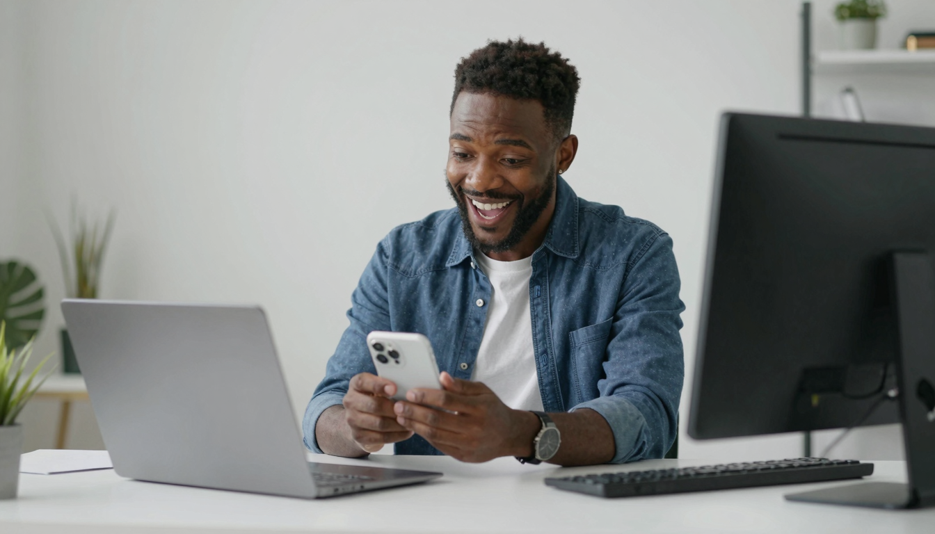 Black male tech enthusiast unboxing best ugc video software for google ads tool, clean desk setup, excited genuine reaction - best ugc video software for google ads