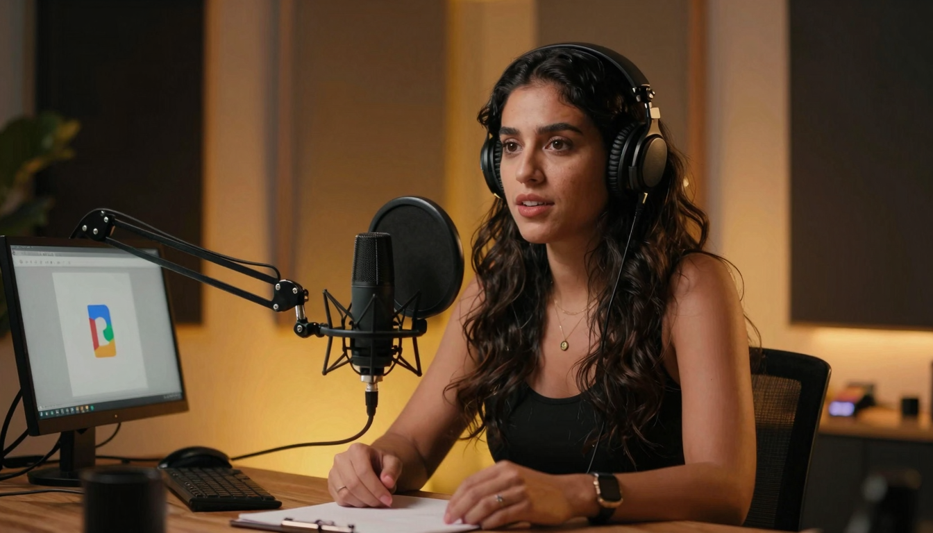 Hispanic woman recording best ugc video software for google ads tutorial, professional podcast studio, warm amber lighting - best ugc video software for google ads