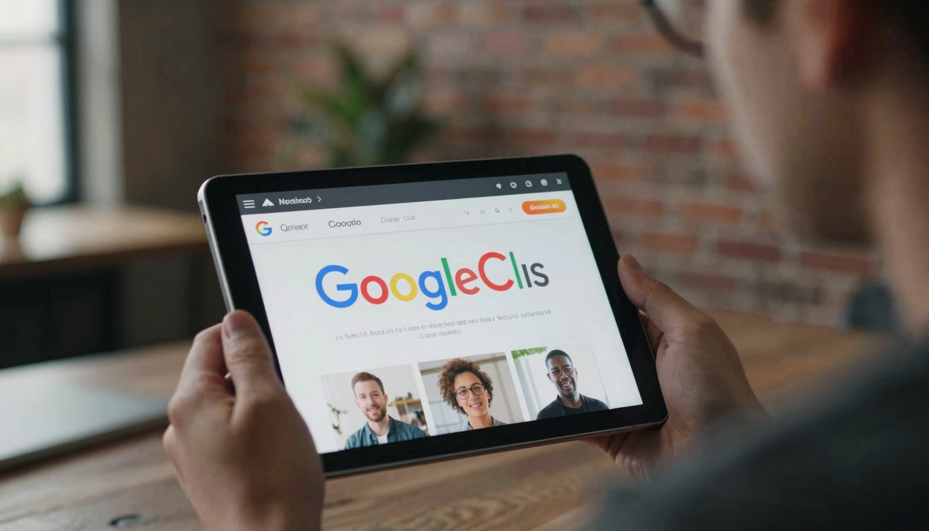 Creative director brainstorming best ugc video software for google ads campaign ideas on tablet, industrial loft with exposed brick - best ugc video software for google ads