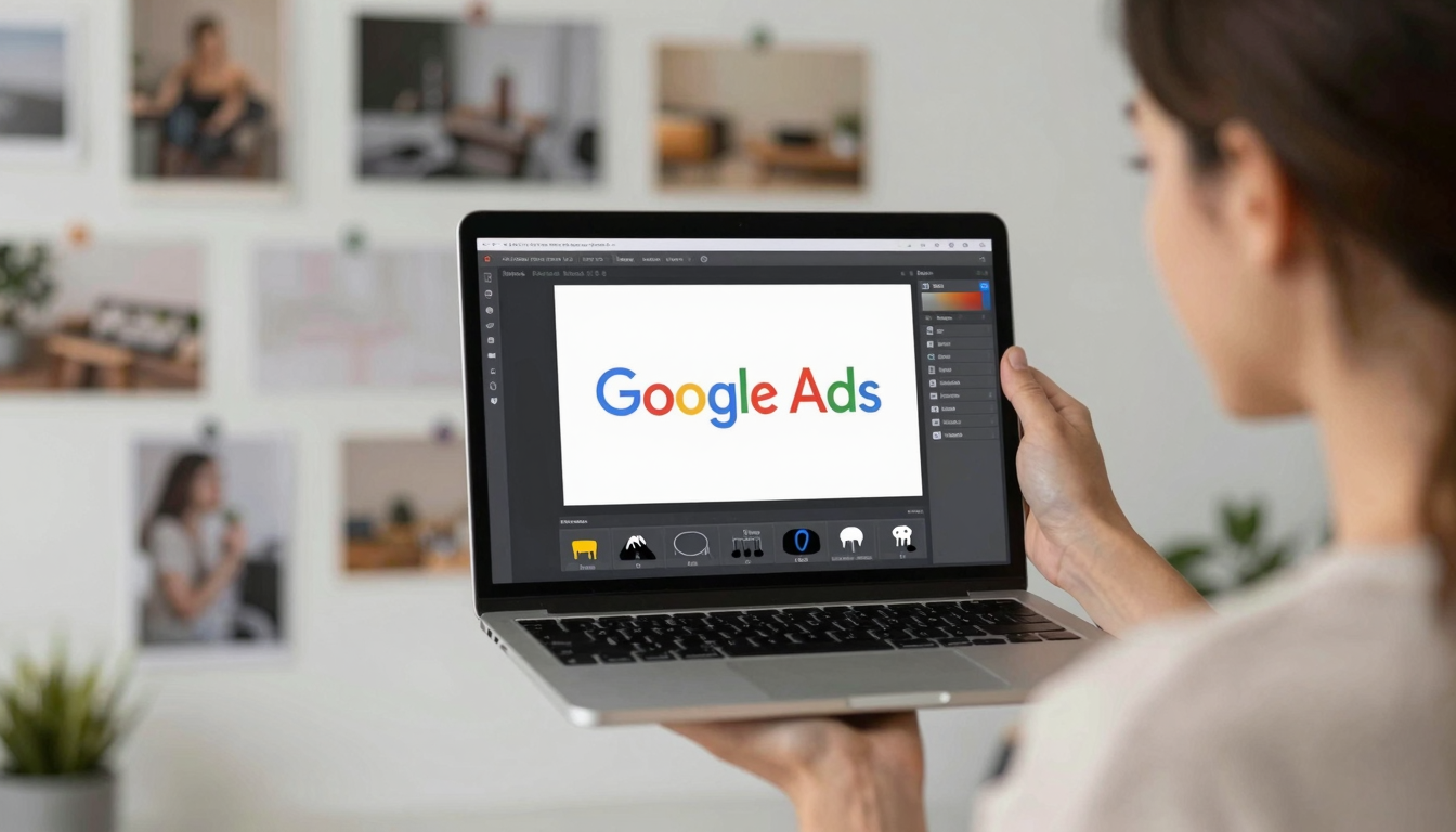 Female photographer using best ugc video software for google ads for client work, creative studio with mood boards on wall - best ugc video software for google ads