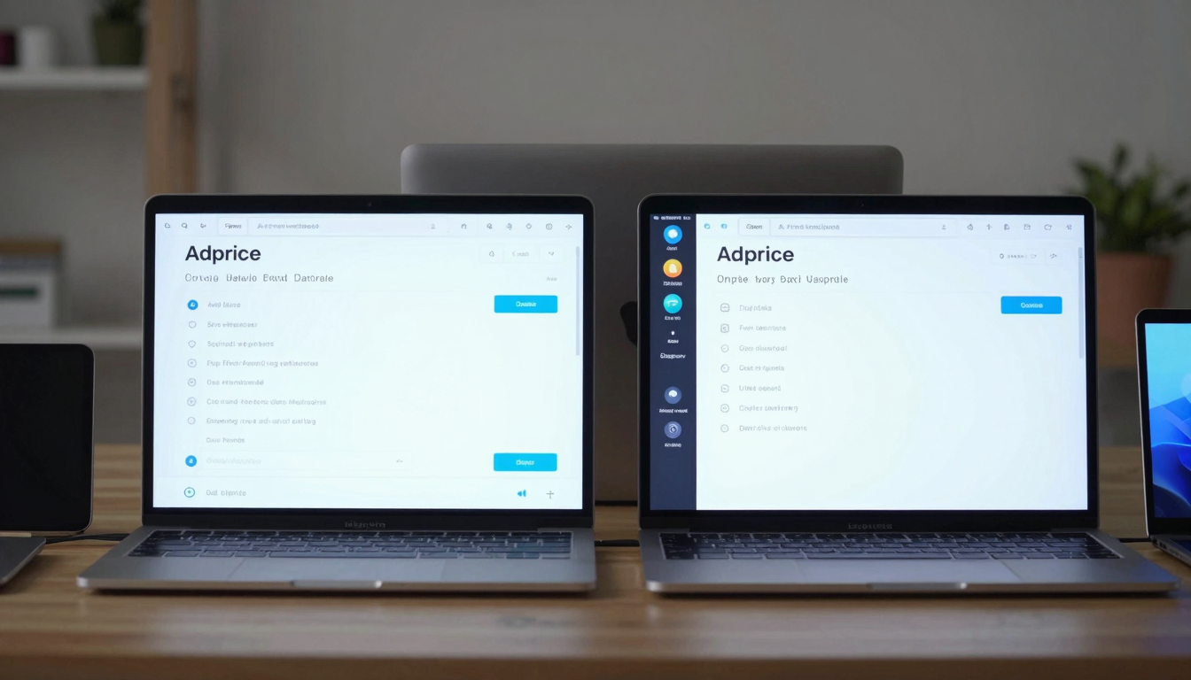 Tech reviewer comparing adprice features side by side, multiple devices on desk, detailed analysis - adprice