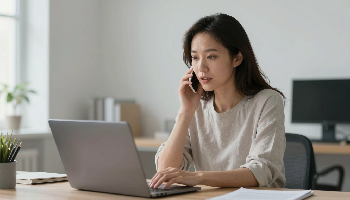 Woman in her 30s discussing adprice on video call in minimalist Scandinavian office, soft lighting - adprice