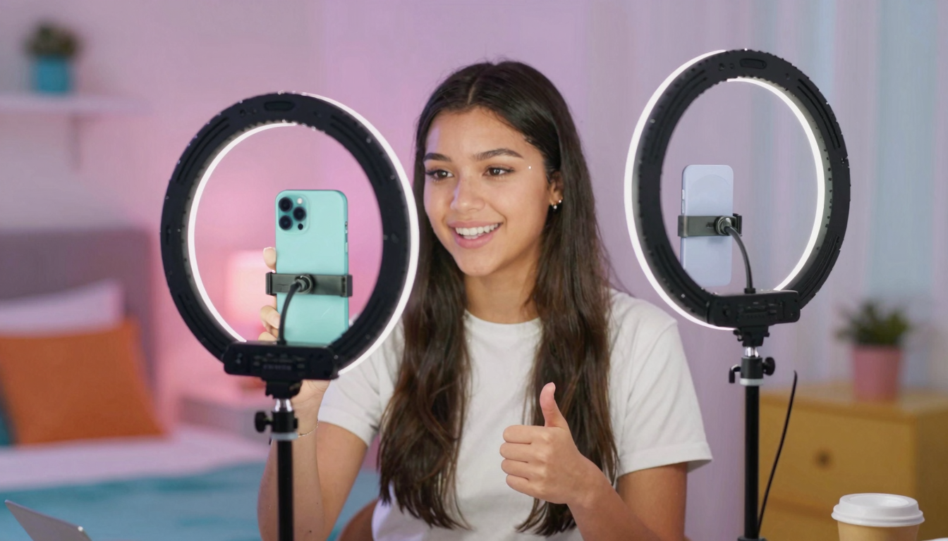 Gen Z influencer creating adprice content with smartphone on tripod, colorful bedroom setup, ring light - adprice