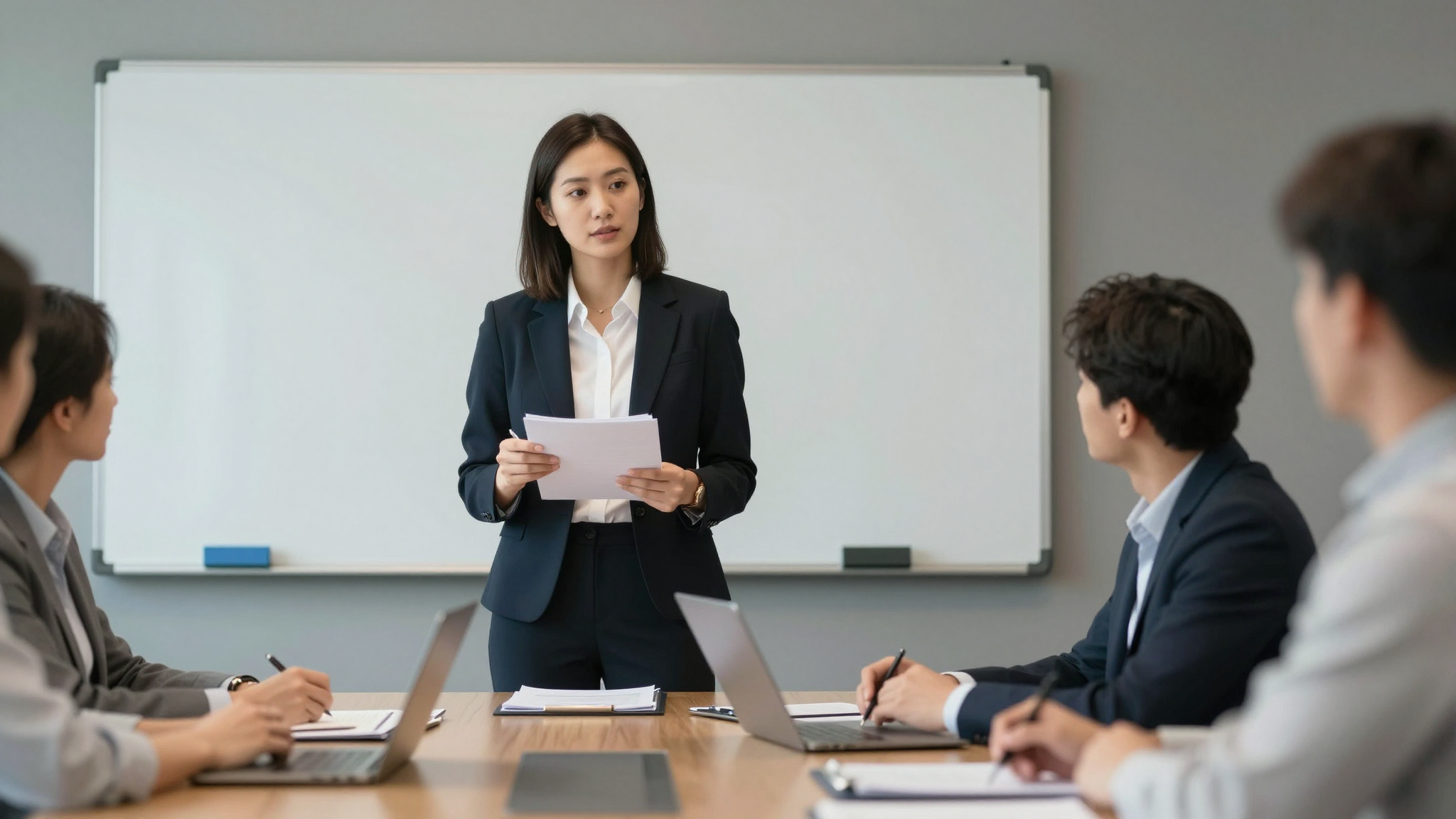 Professional woman presenting adprice results in team meeting, modern conference room, whiteboard behind - adprice