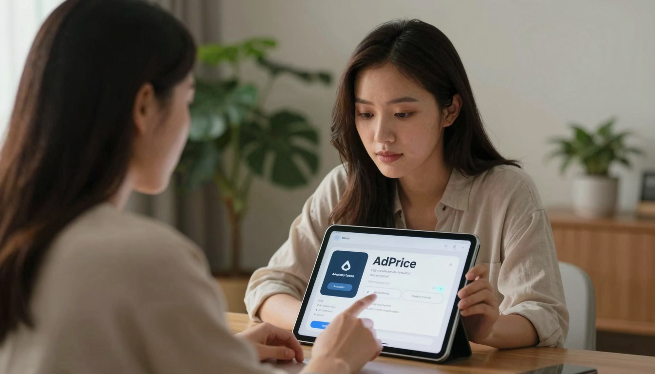 Young Asian woman testing adprice platform on tablet, cozy home setting, plants in background - adprice