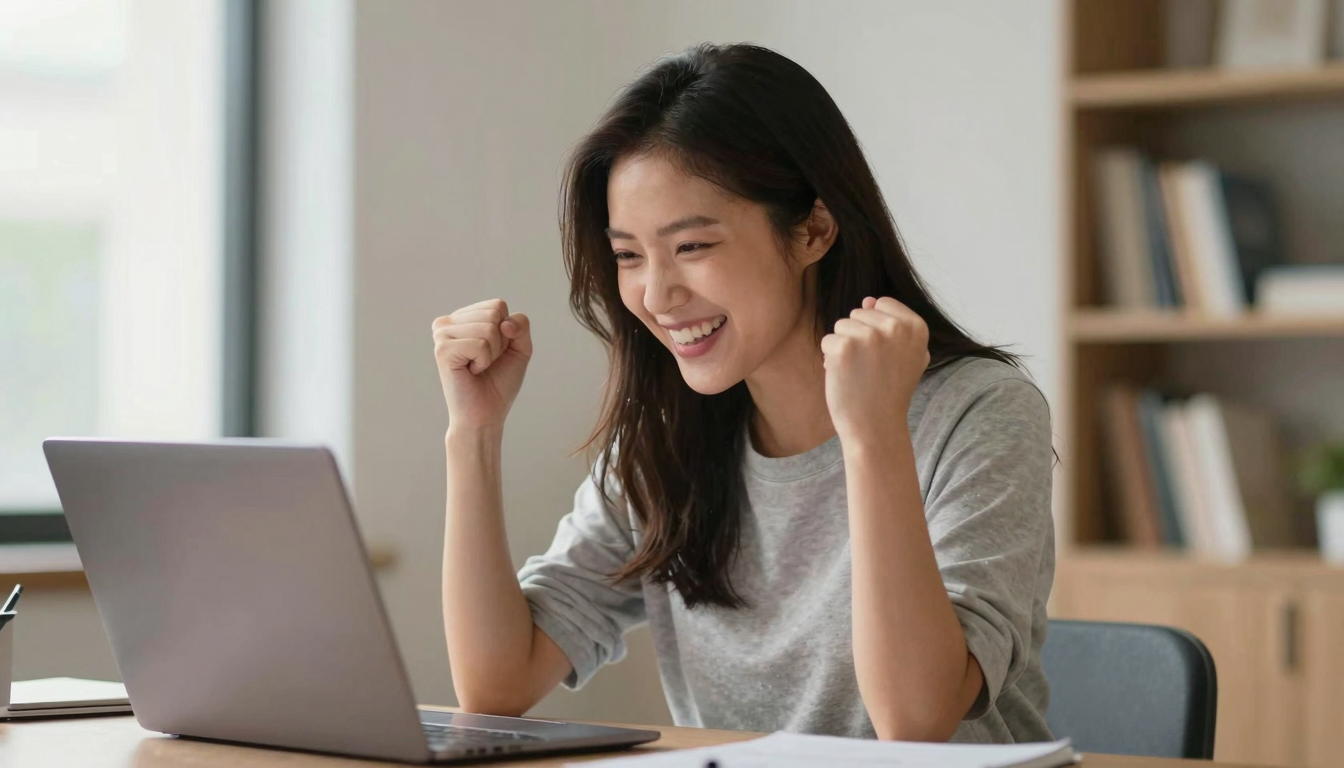 Young woman celebrating adprice campaign success, laptop open with graphs, fist pump expression - adprice