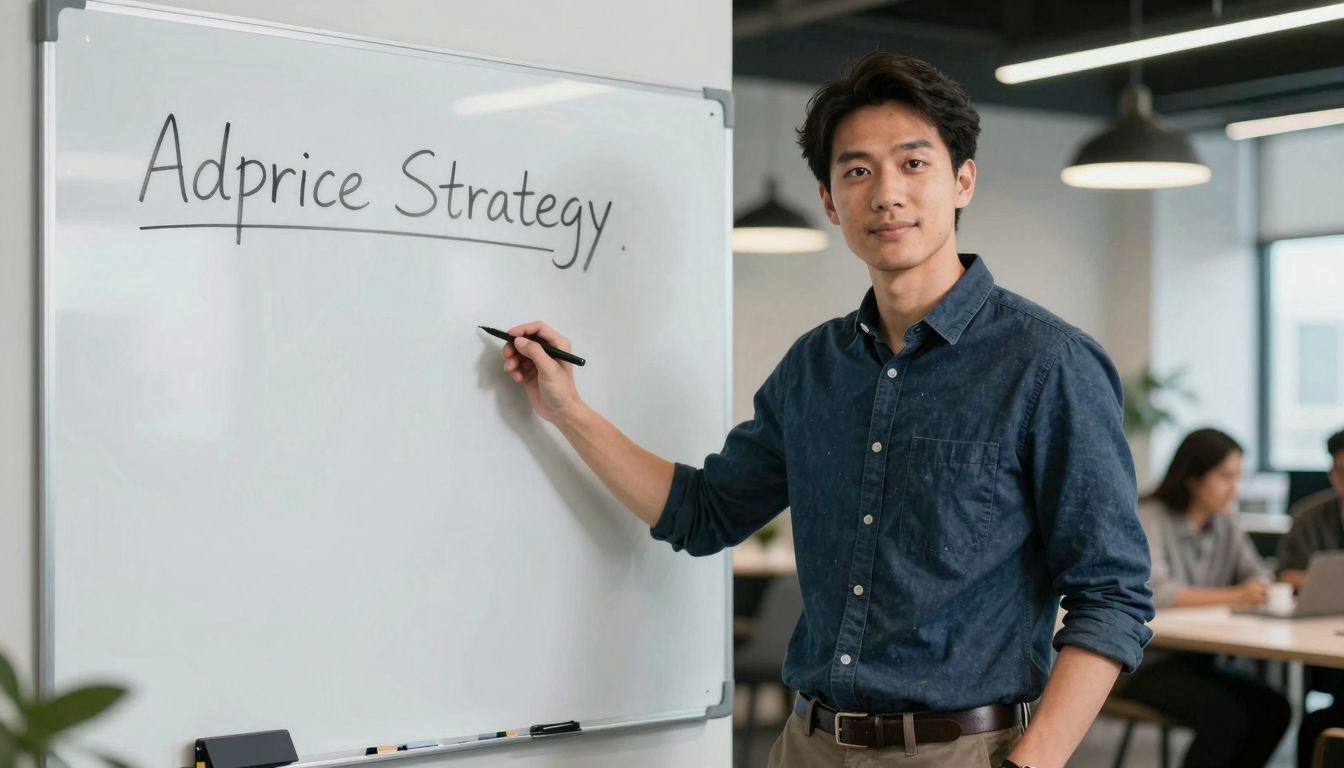 Male entrepreneur presenting adprice strategy on whiteboard in sleek coworking space, confident stance, business casual - adprice