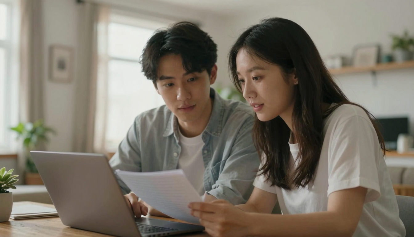 Young couple collaborating on adprice content, bright airy apartment, authentic candid moment - adprice